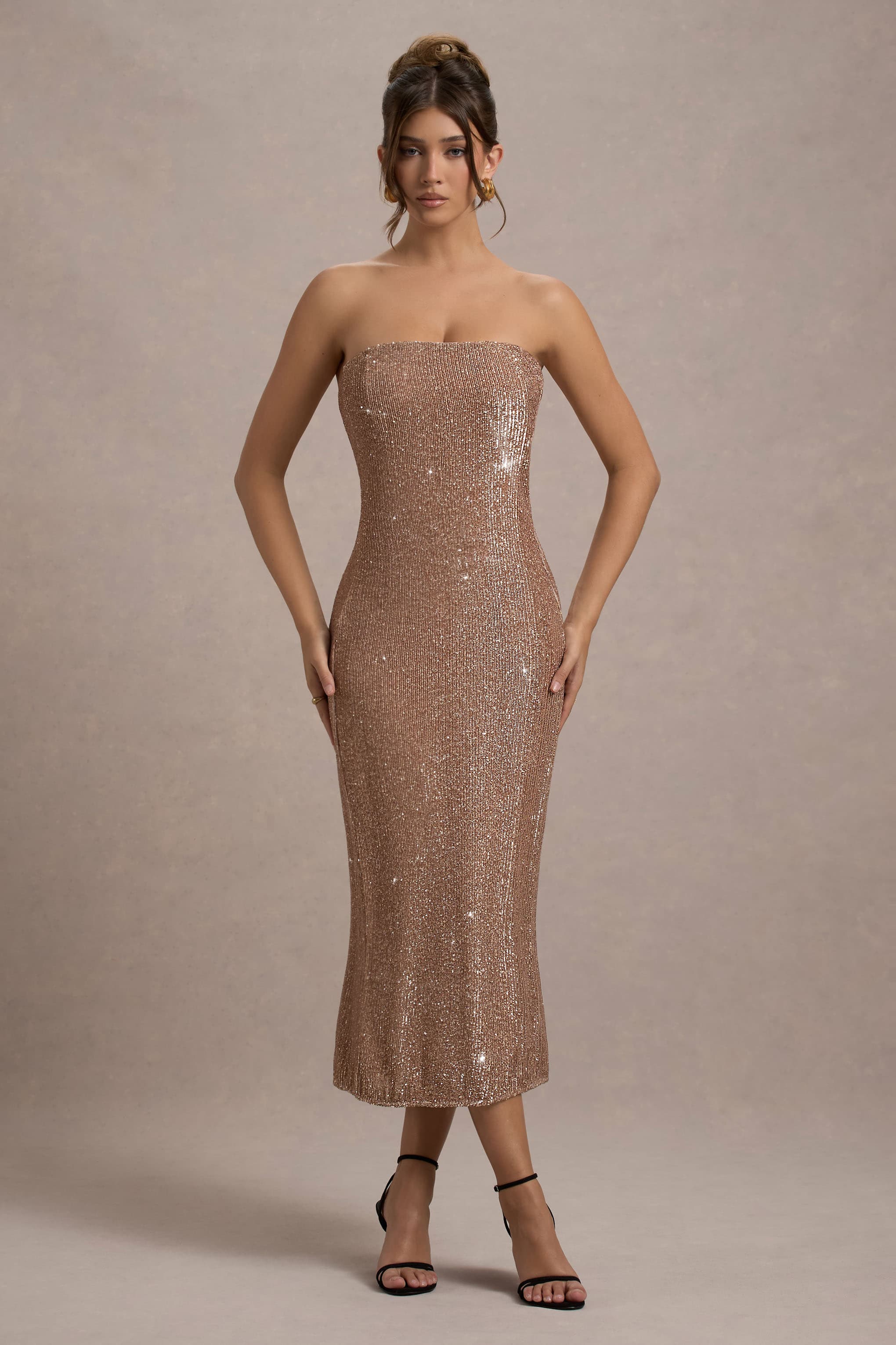 Rose Gold Plisse Sequin Bandeau Midi Dress