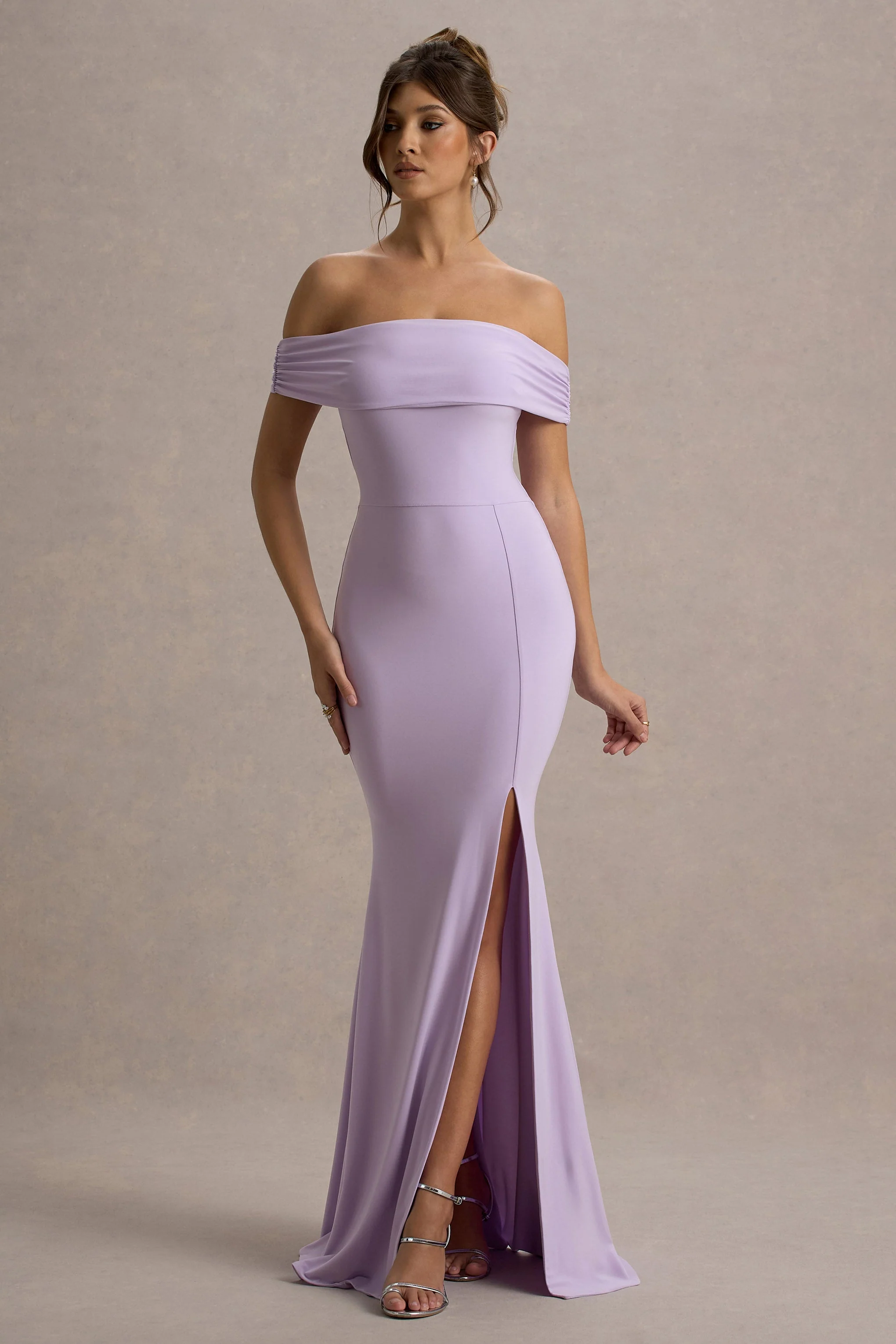 Lilac Bardot Draped Split Maxi Dress