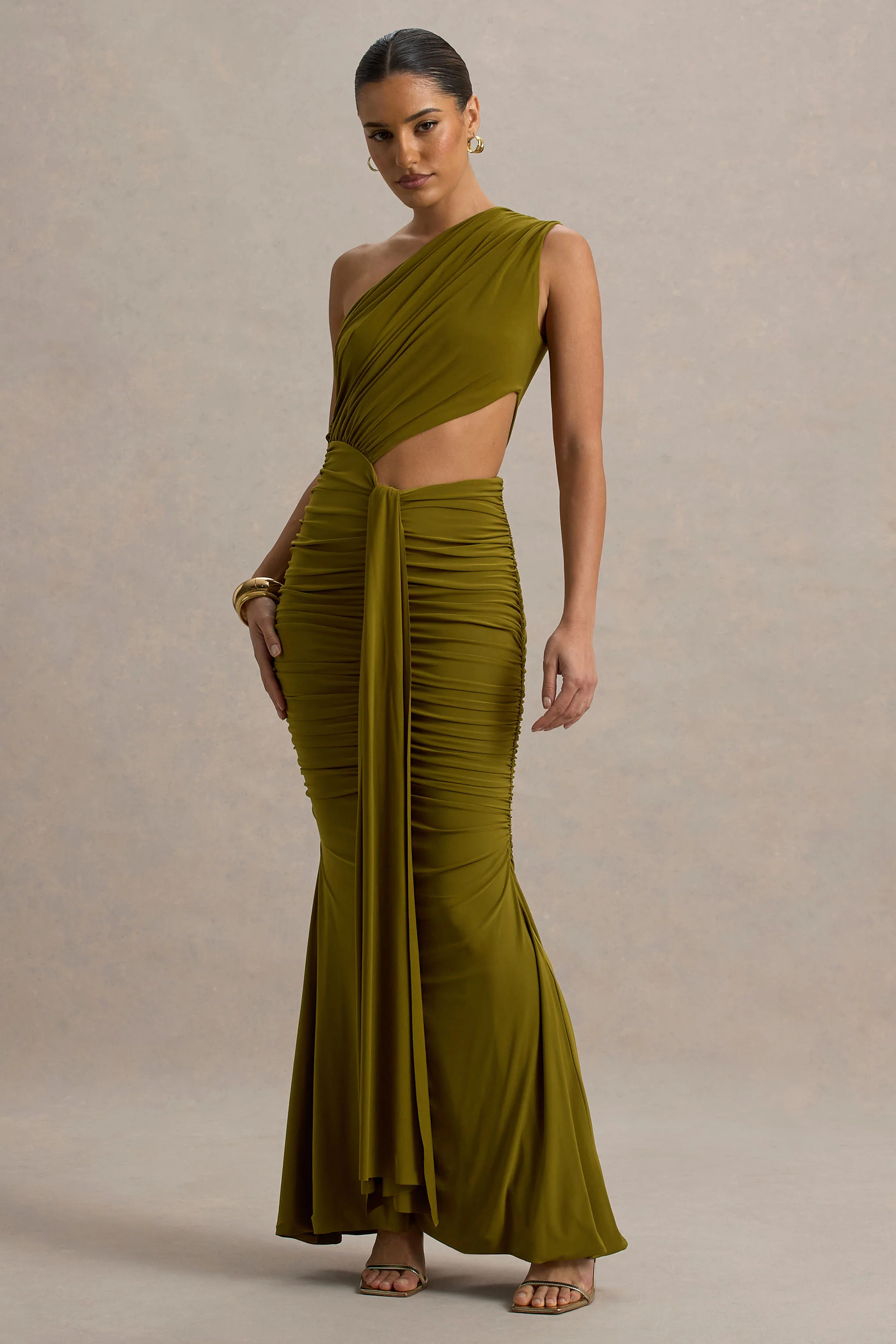 Green One-Shoulder Cut-Out Maxi Dress With Drape