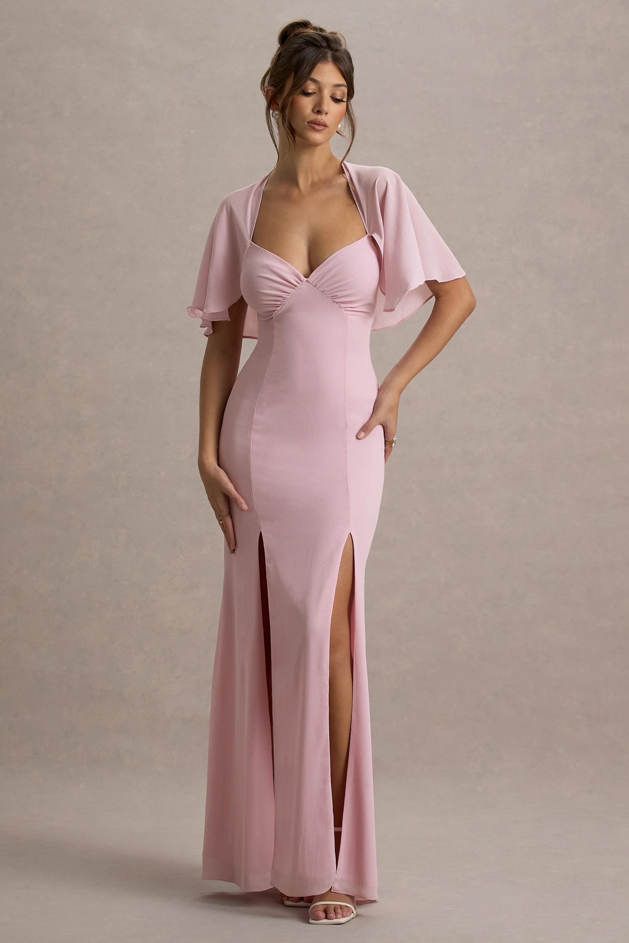 Pale Pink Plunge-Neck Maxi Dress With High Front Split