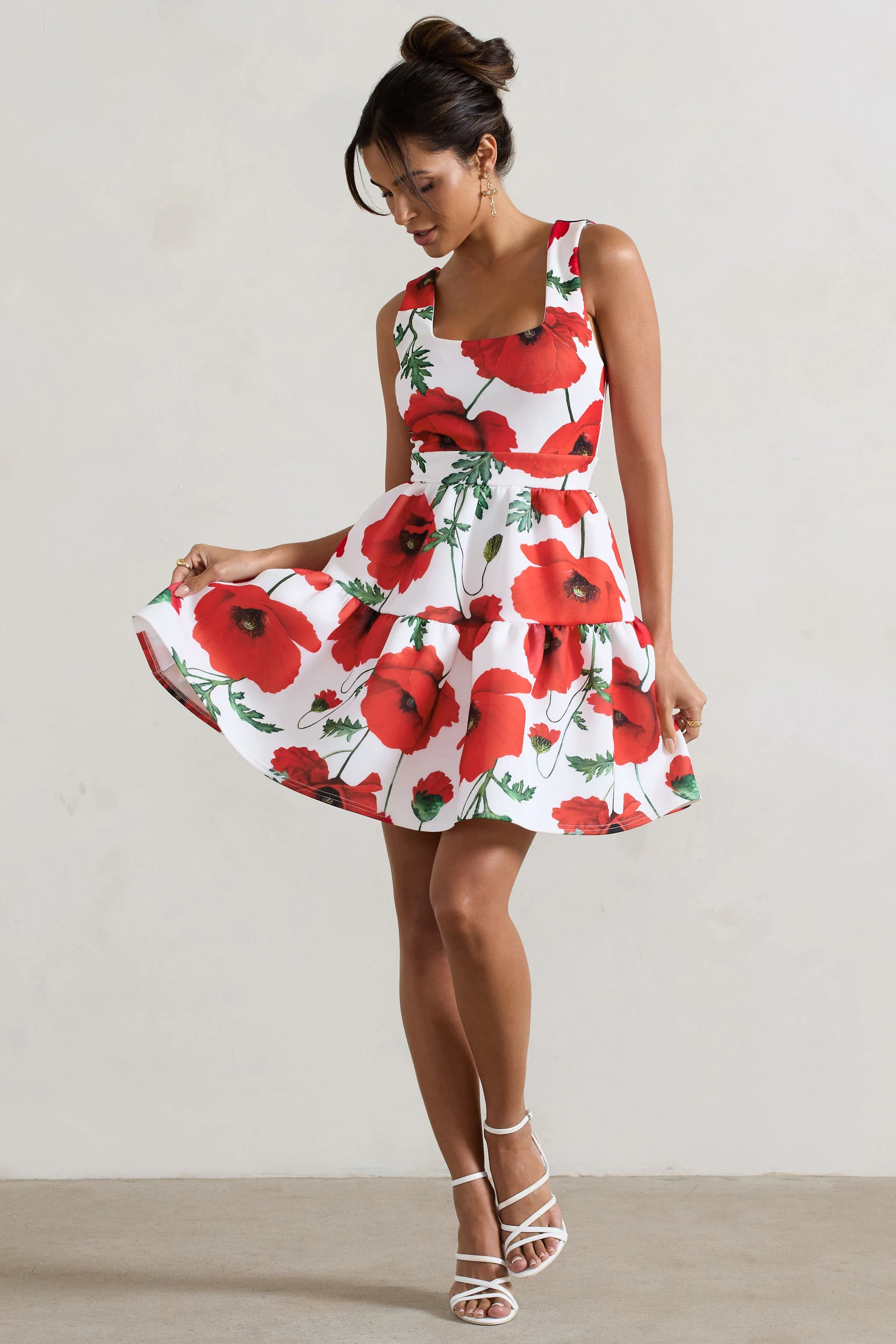 Poppy Print Scoop-Neck Tiered Volume Hem Mini Dress