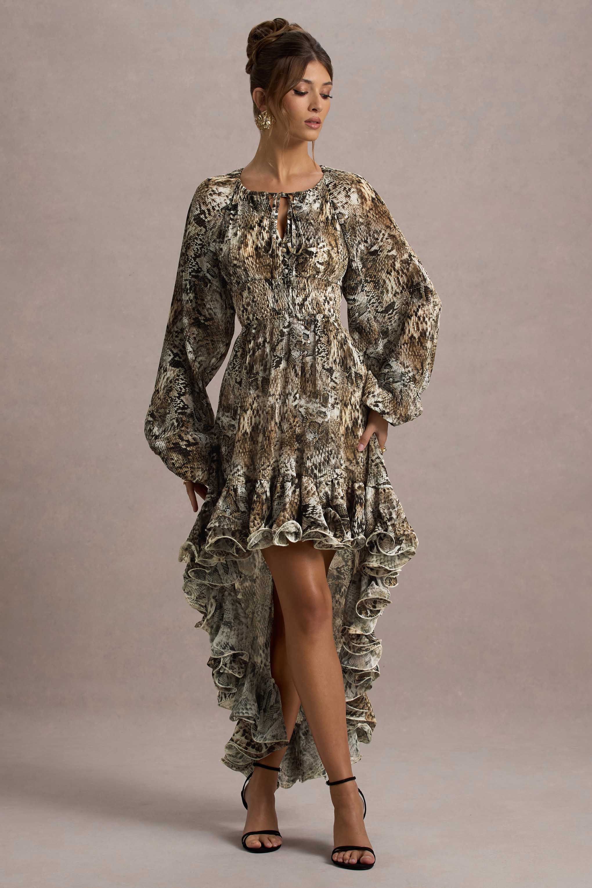 Snake Print High-Low Chiffon Maxi Dress