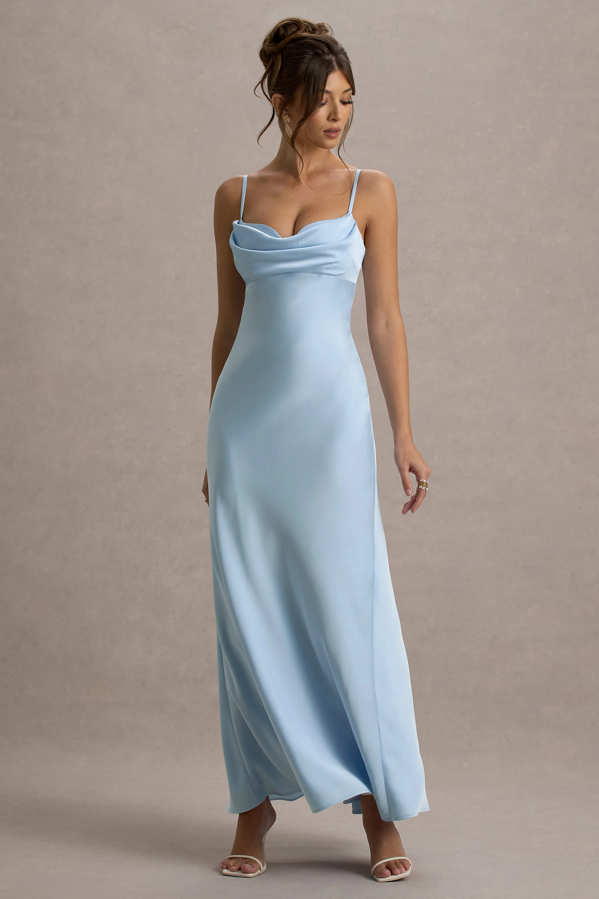 Powder Blue Satin Draped Sweetheart Maxi Dress