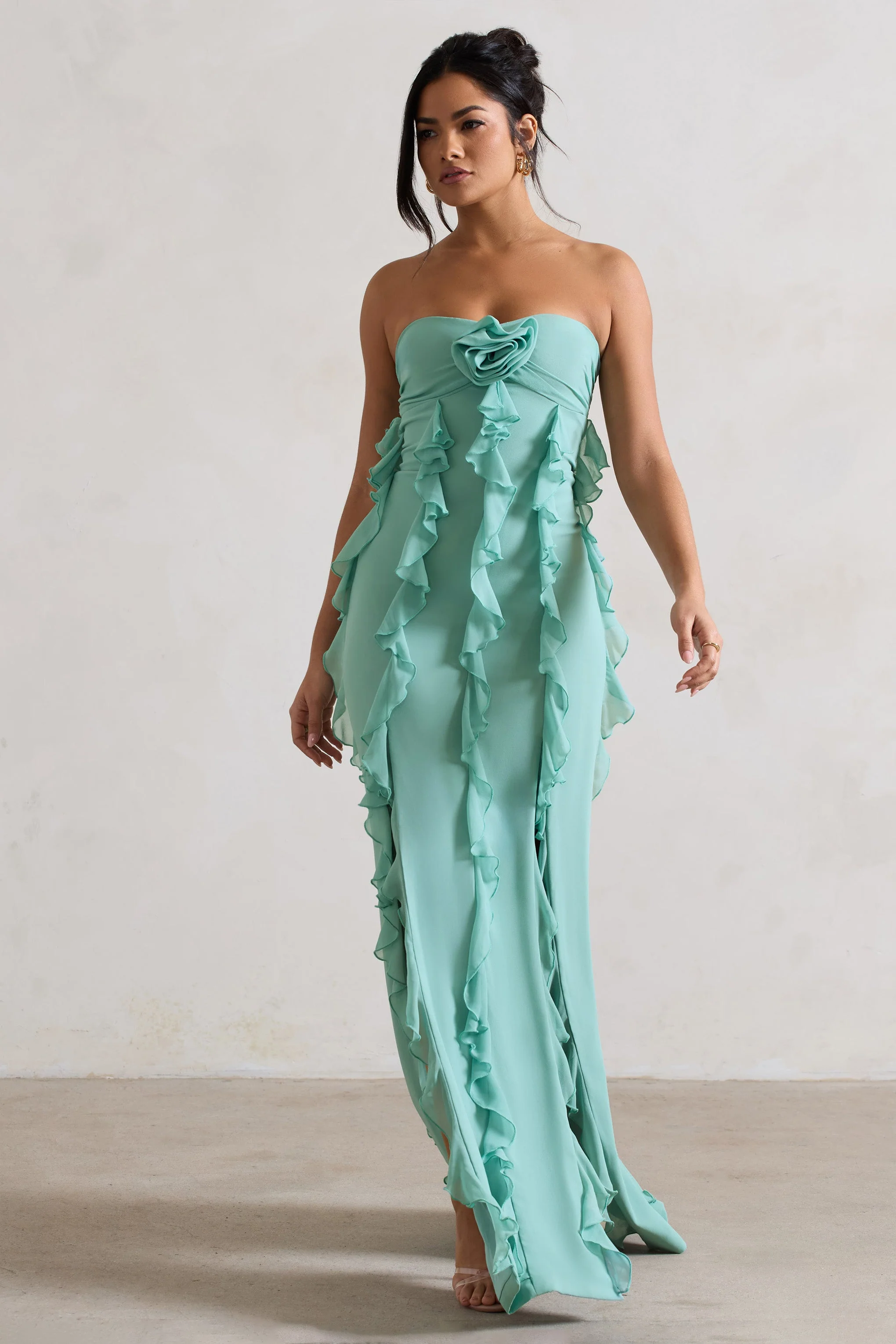 Mint Green Strapless Ruffle Maxi Dress With Corsage