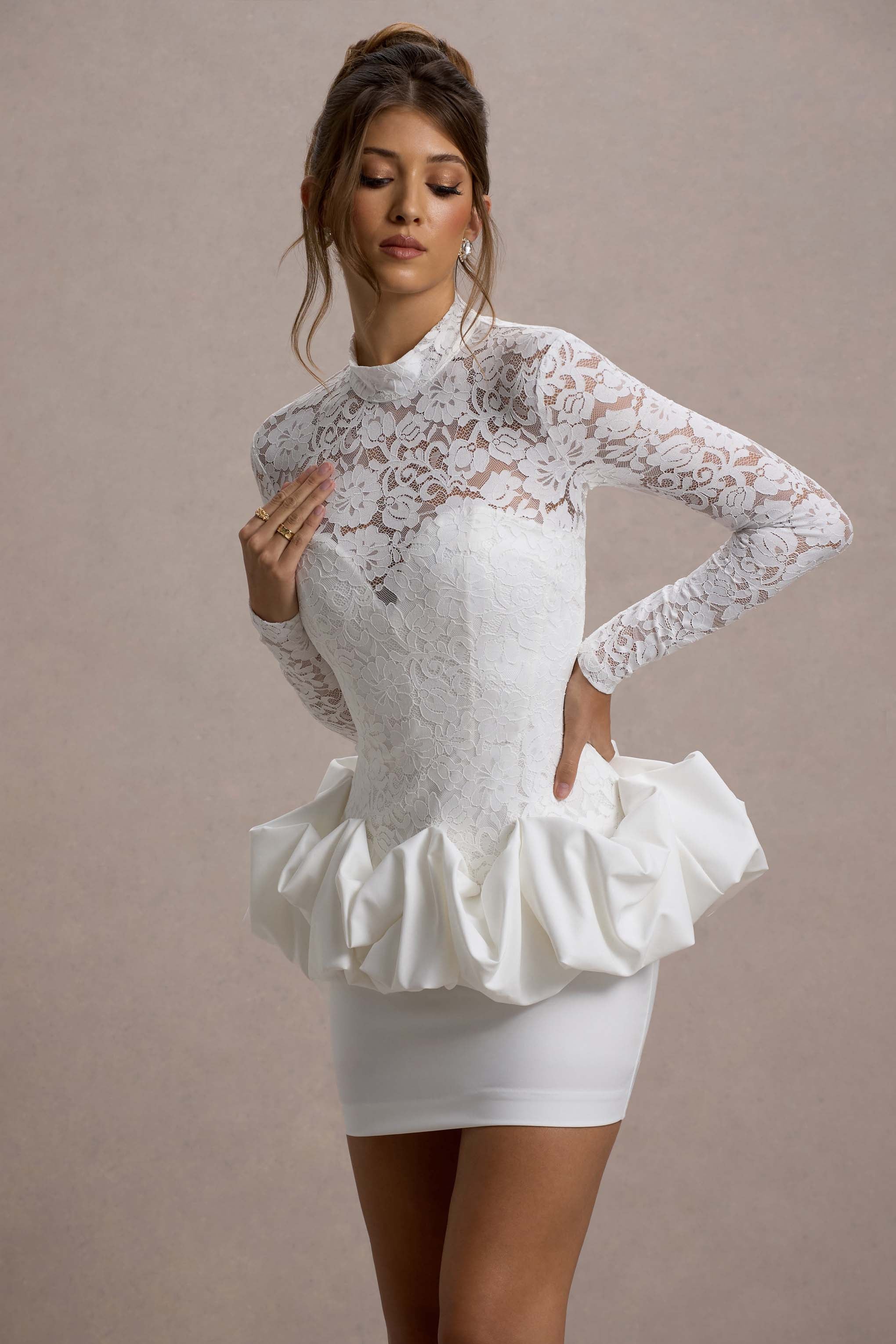 White Lace Long-Sleeve Peplum Mini Dress