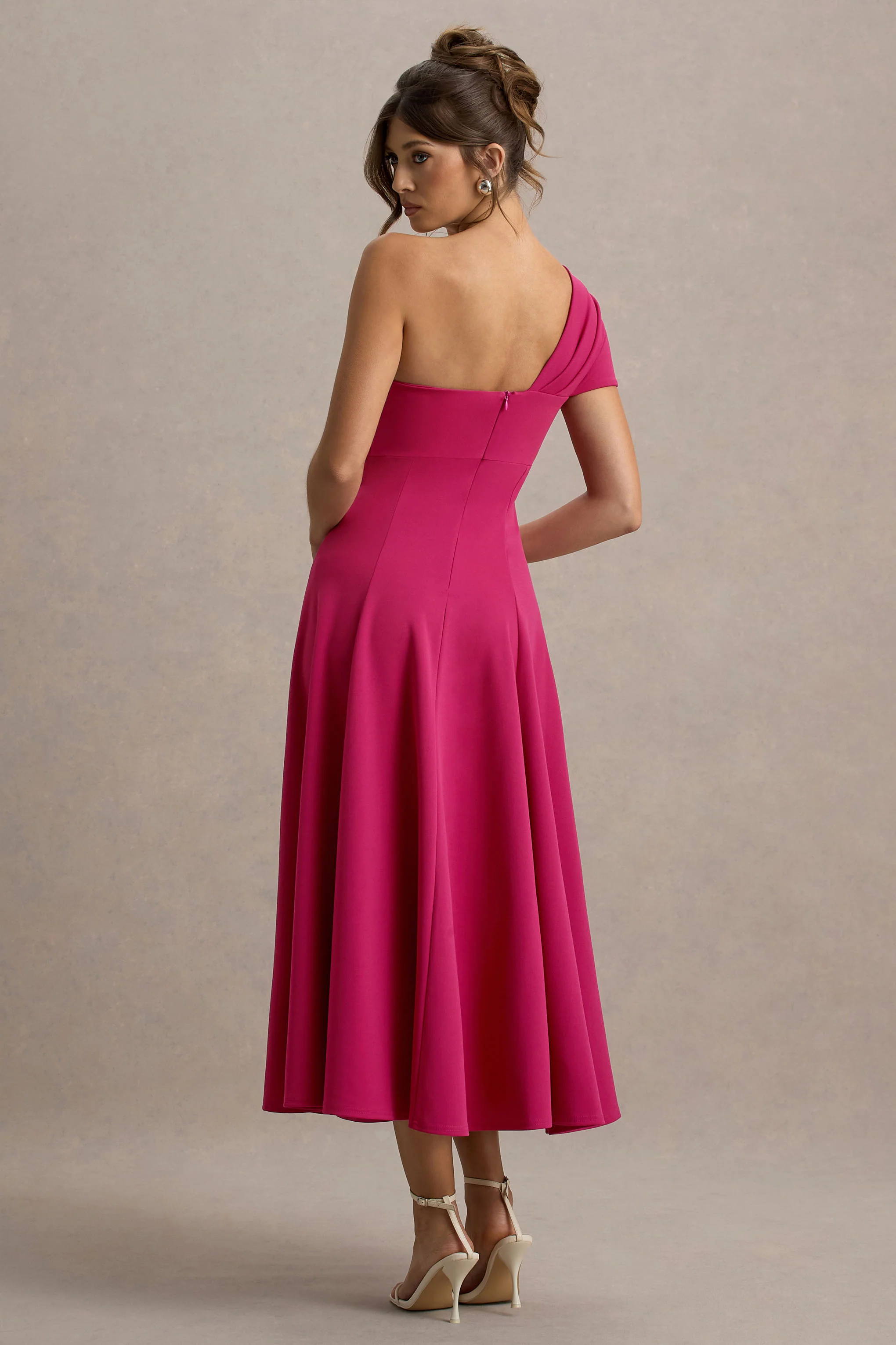 Hot Pink One-Shoulder Midi Dress