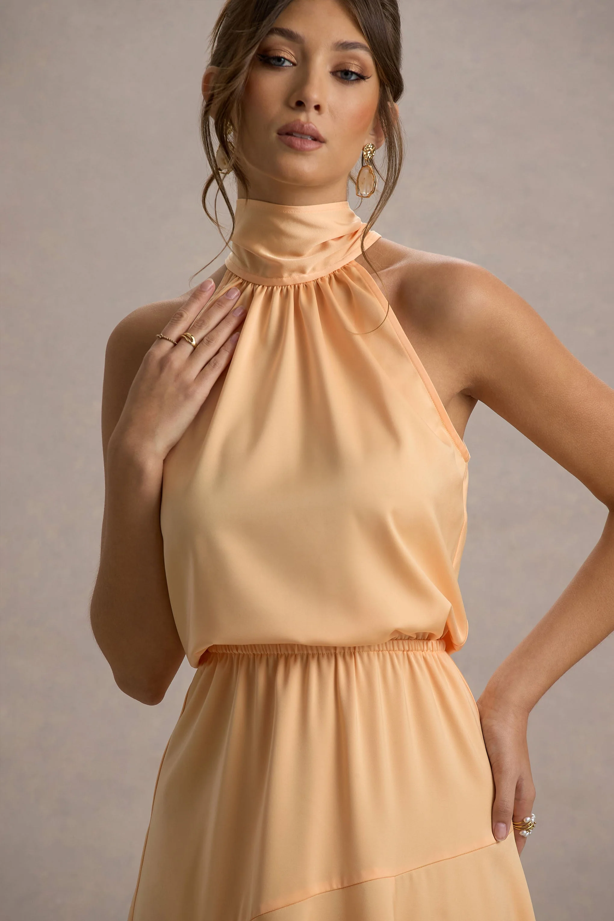 Peach Satin High-Neck Split Midi Dress