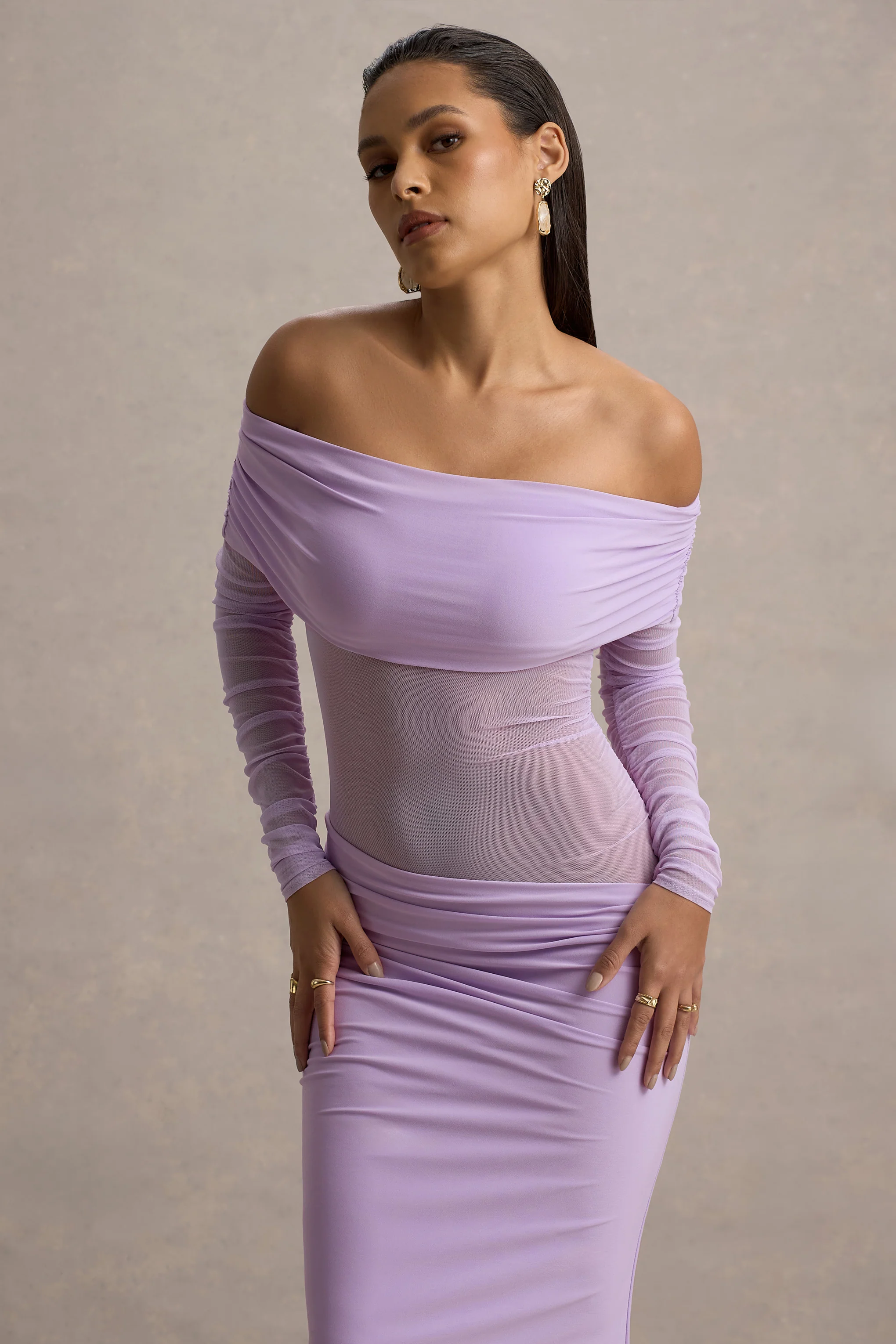 Lavender Semi-Sheer Bardot Gathered Maxi Dress