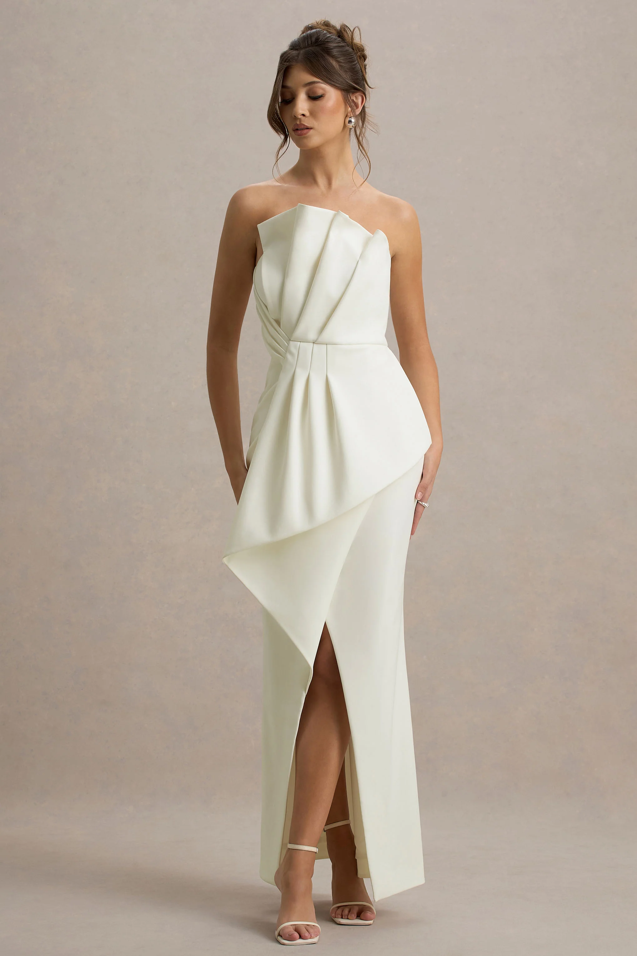Cream Strapless Ruffle Split Maxi Dress