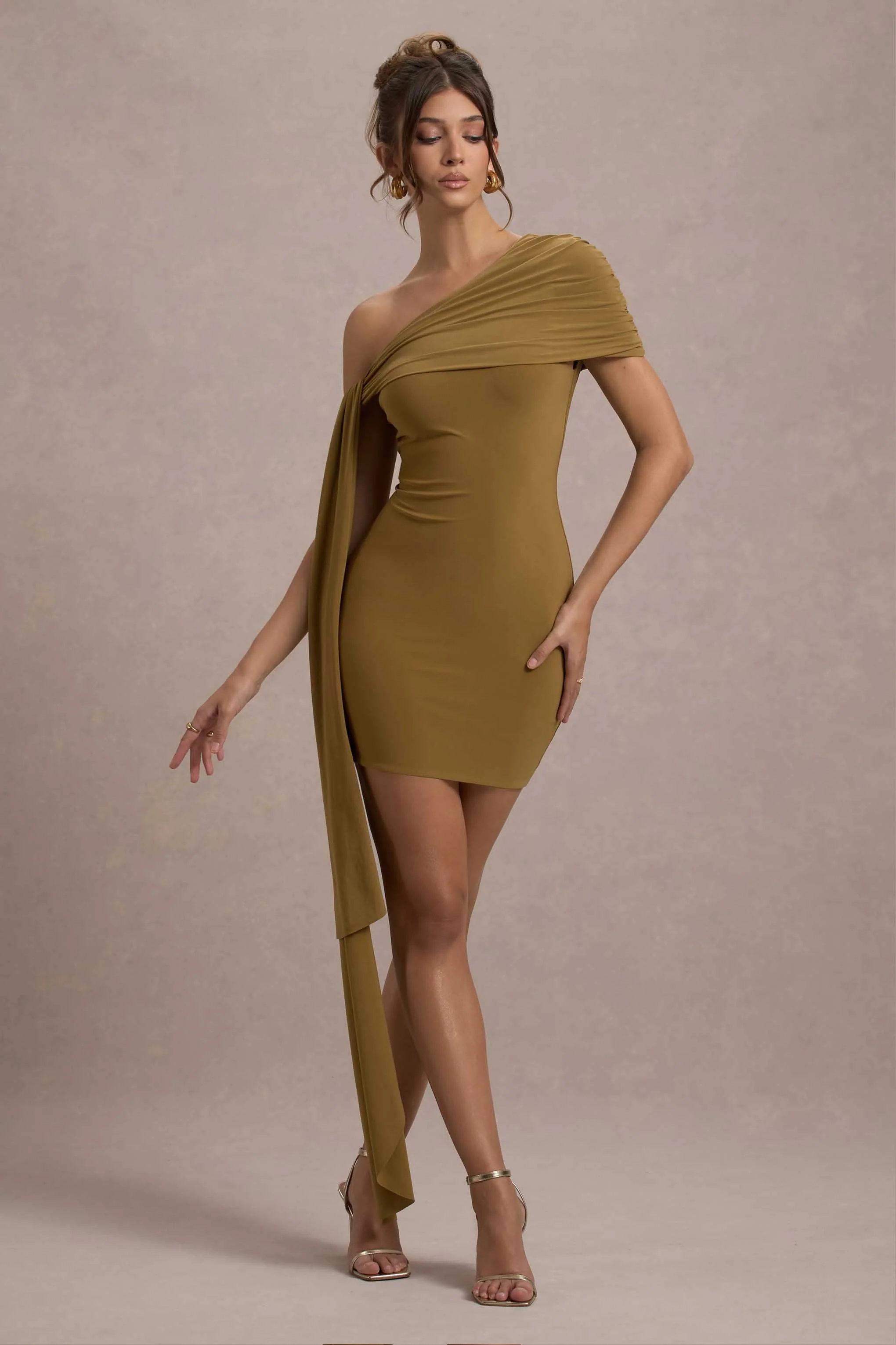Mustard One-Shoulder Mini Dress With Drape
