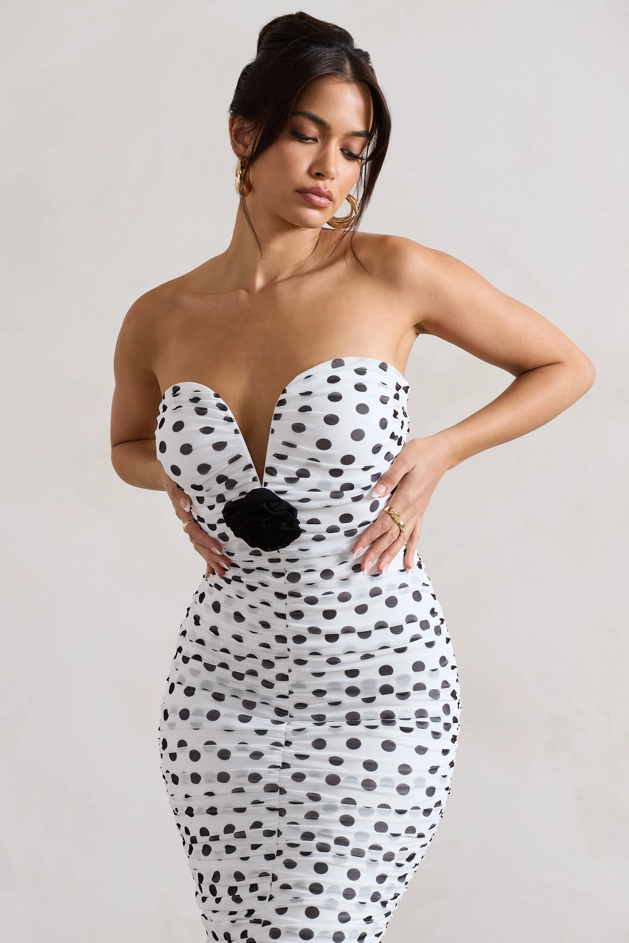 White Polka Dot Ruched Mesh Midi Dress With Corsage