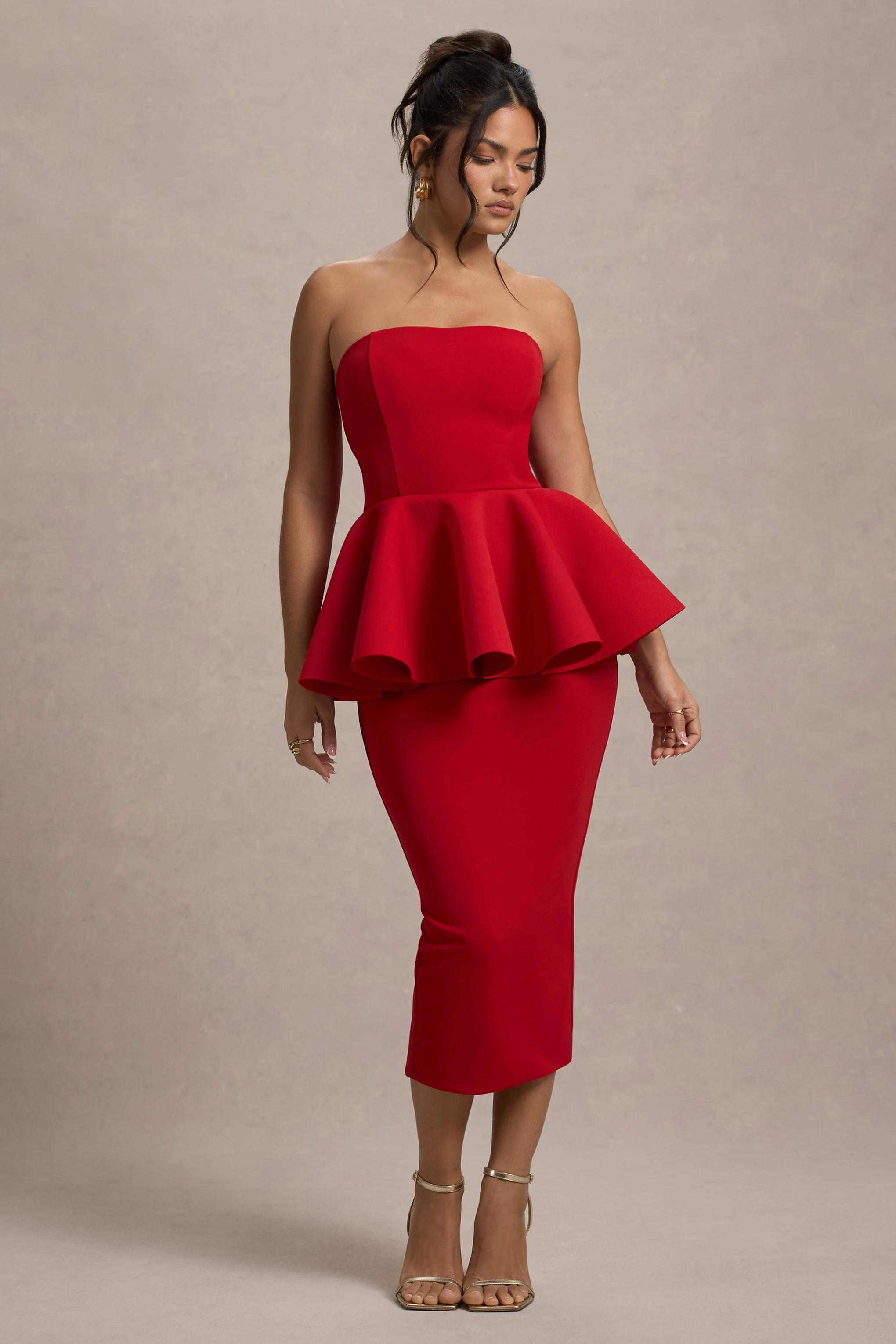 Red Bandeau Peplum Midi Dress