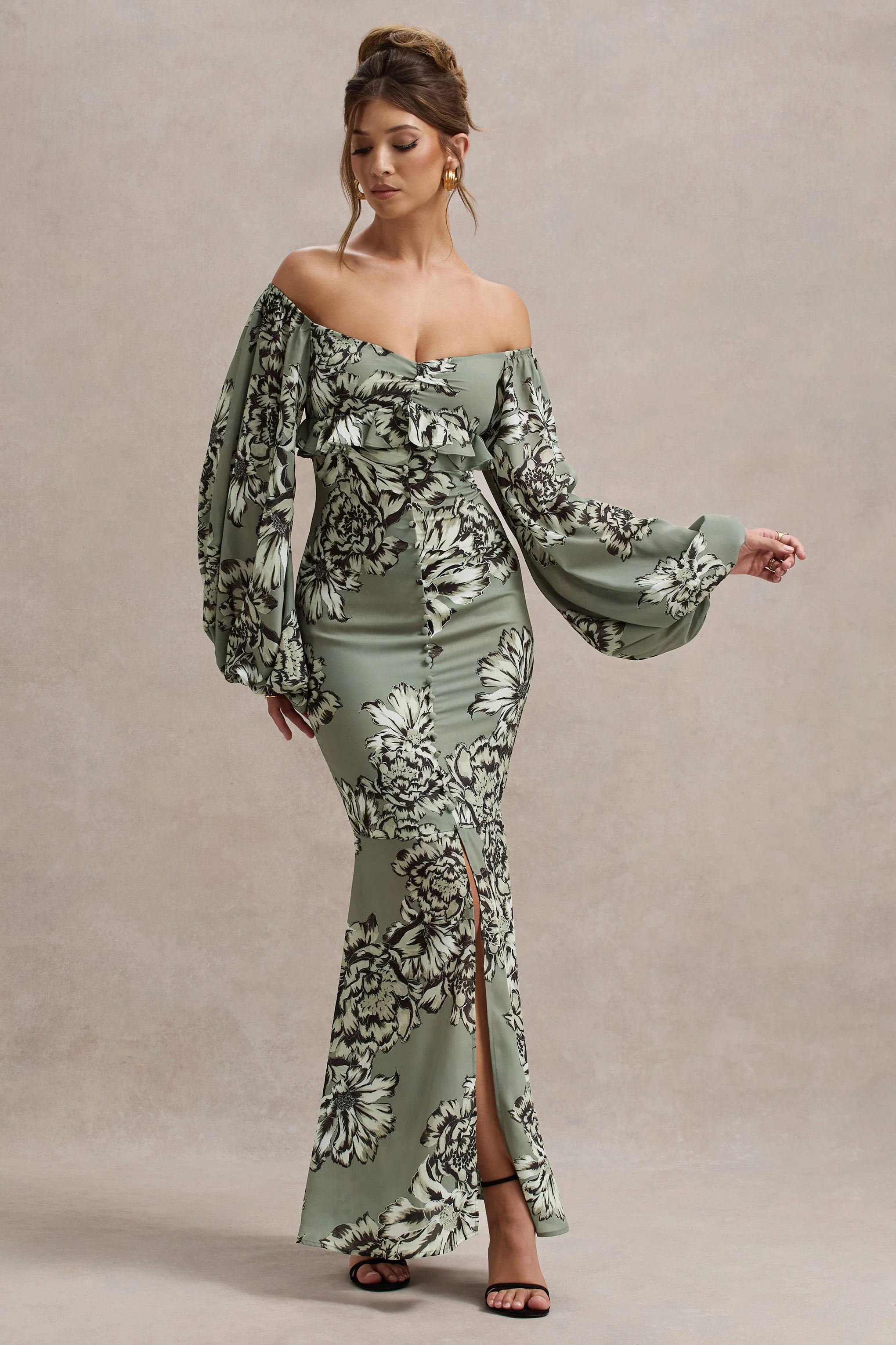 Olive Floral Print Chiffon Puff-Sleeve Button Maxi Dress