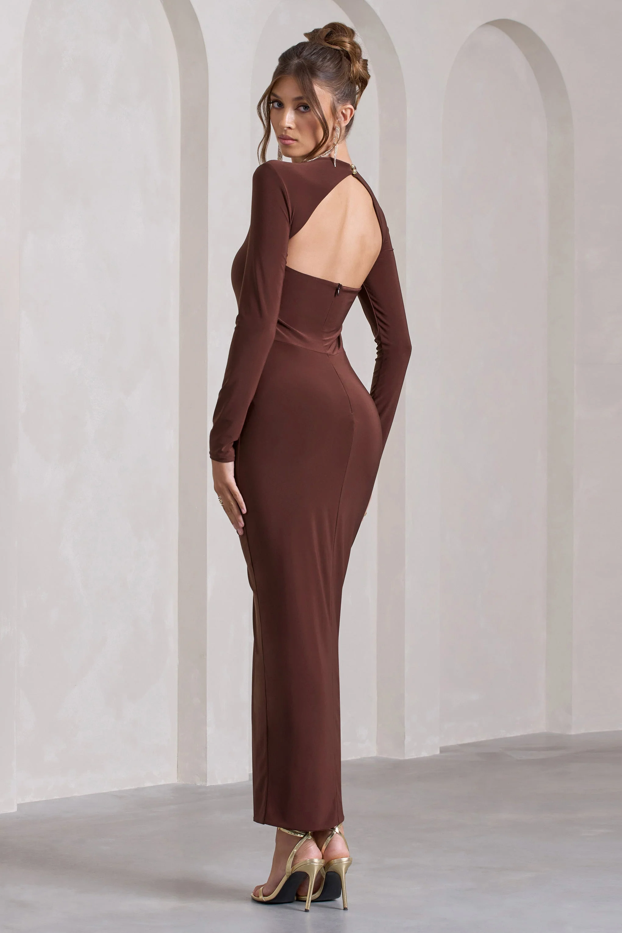 Chocolate Ruched Long-Sleeve Split Maxi Dress