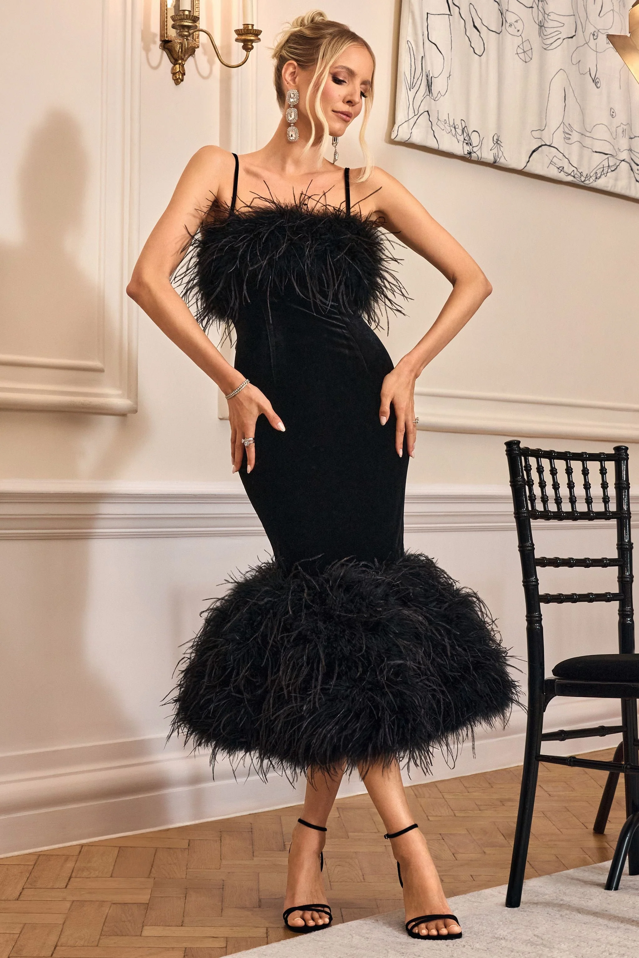 Black Velvet Feather Trim Midi Dress