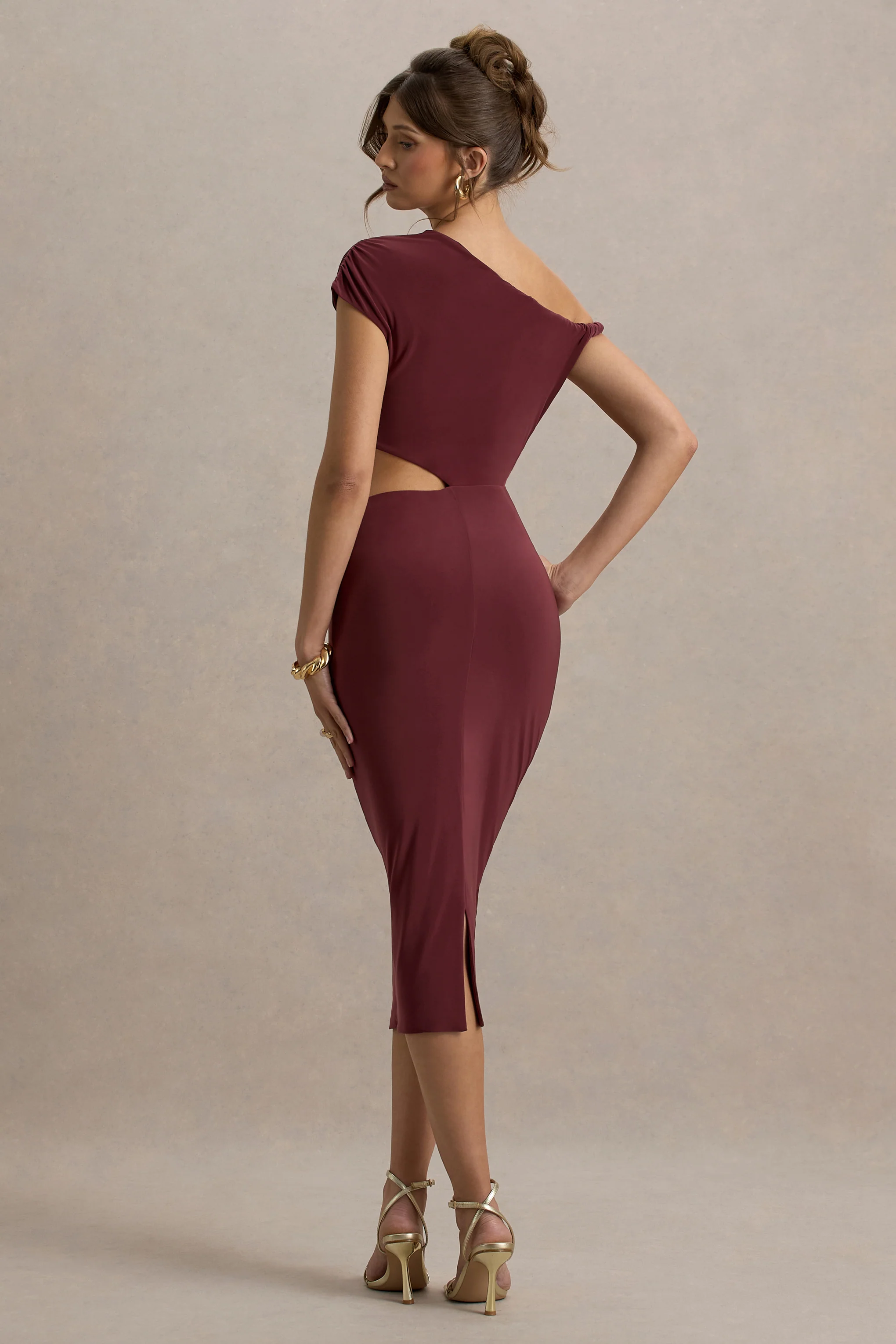 Burgundy Cut-Out Gathered Midi Dress