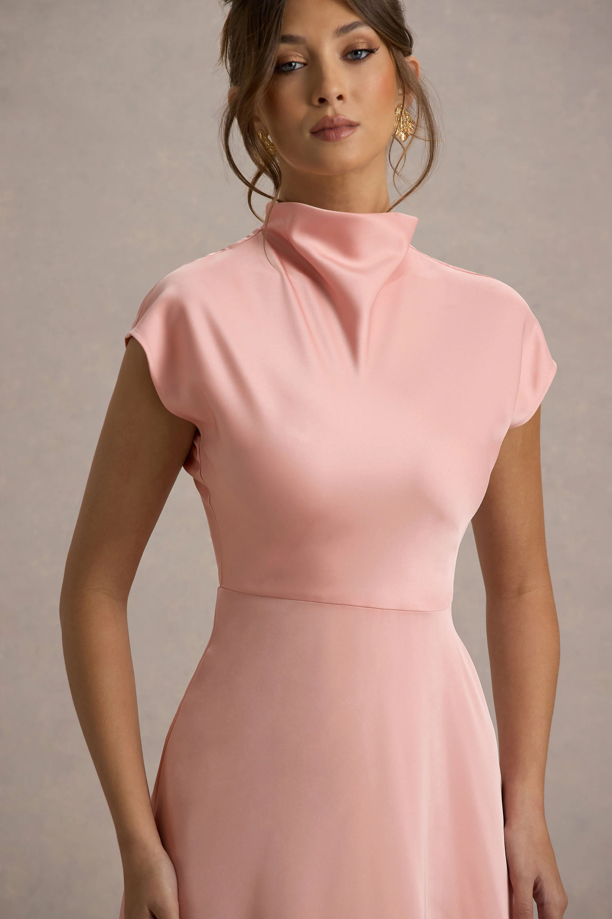 Light Pink Satin Midi Dress With Draped Hem