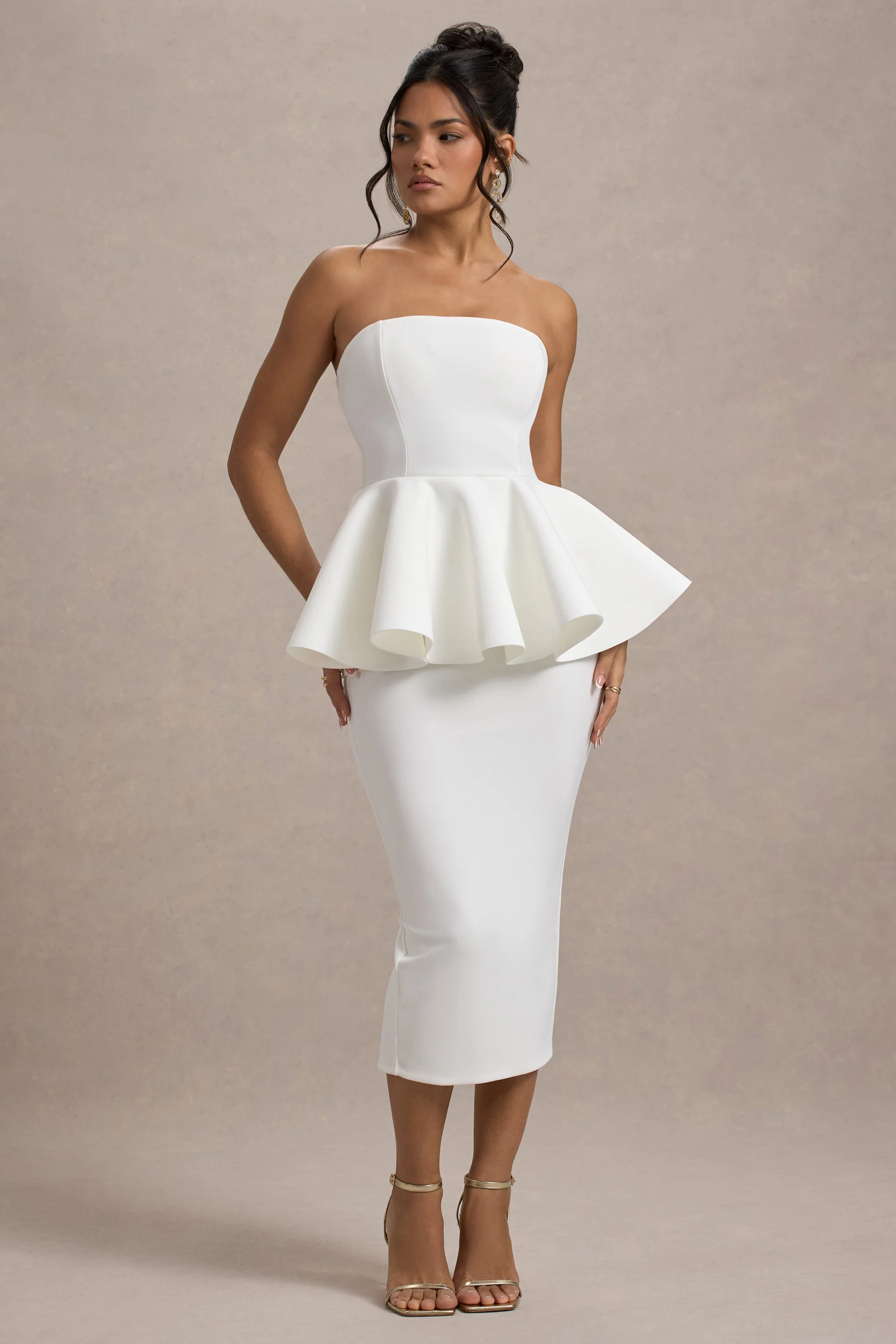 White Bandeau Peplum Midi Dress