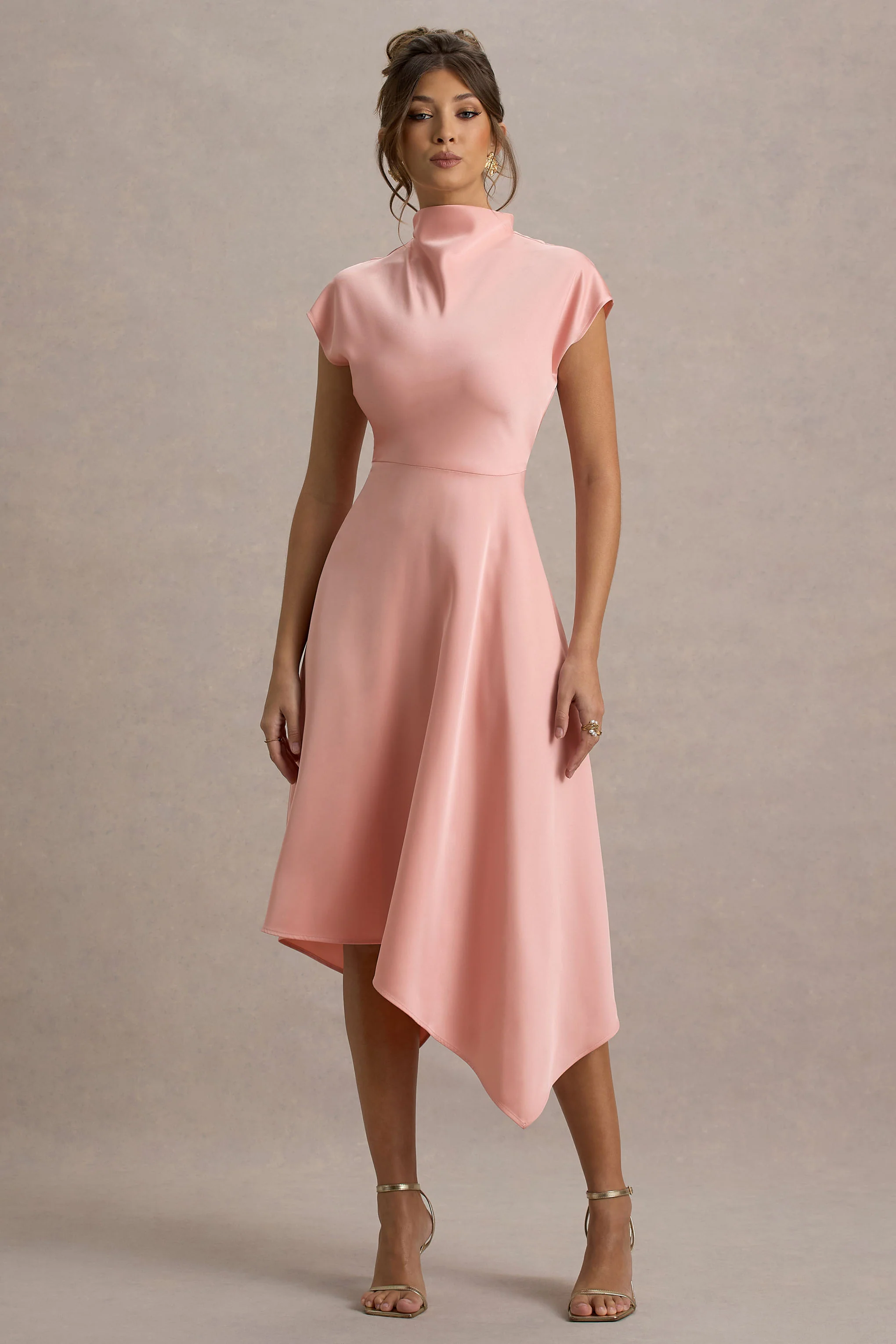 Light Pink Satin Midi Dress With Draped Hem