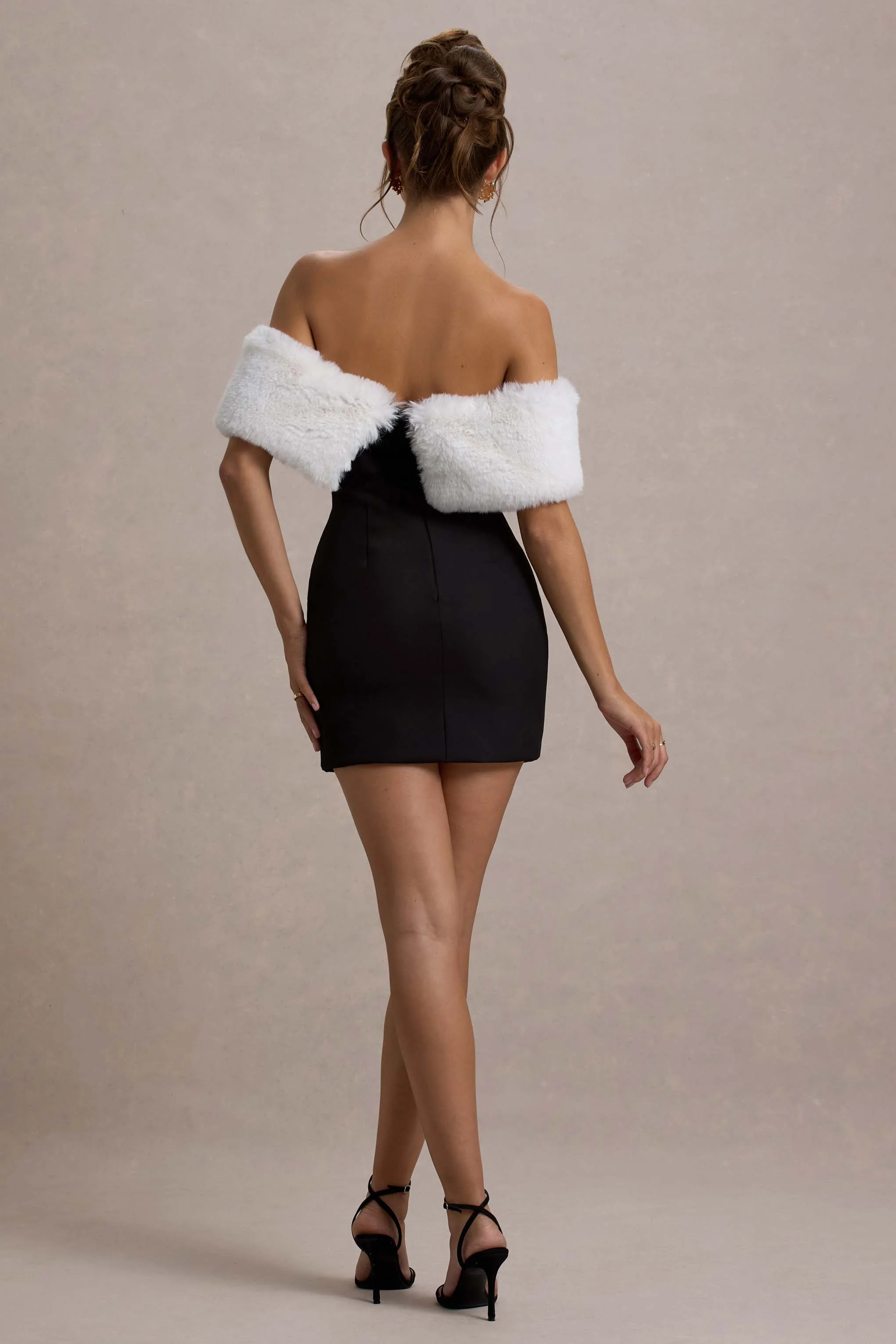 Black Bardot Mini Dress With White Fur Trim