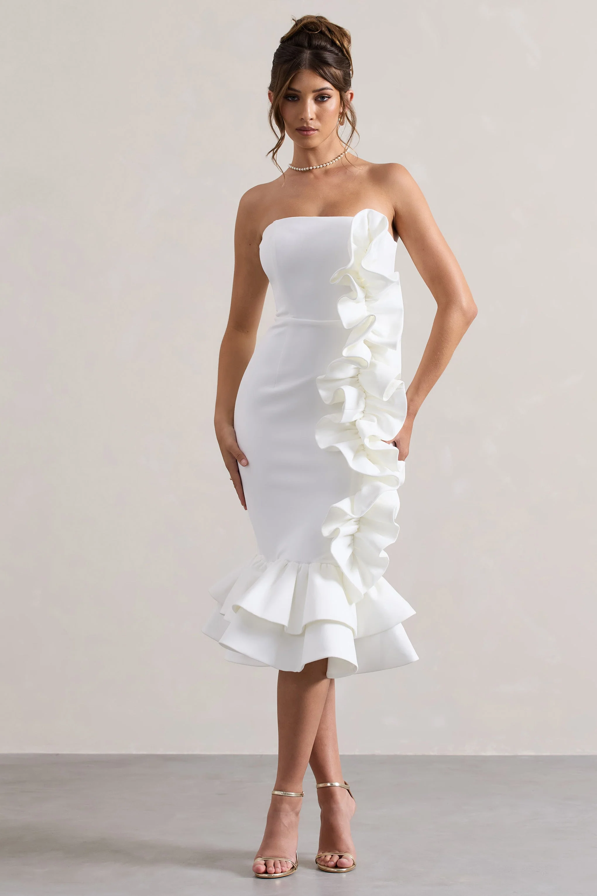 Cream Bandeau Ruffle Midi Dress