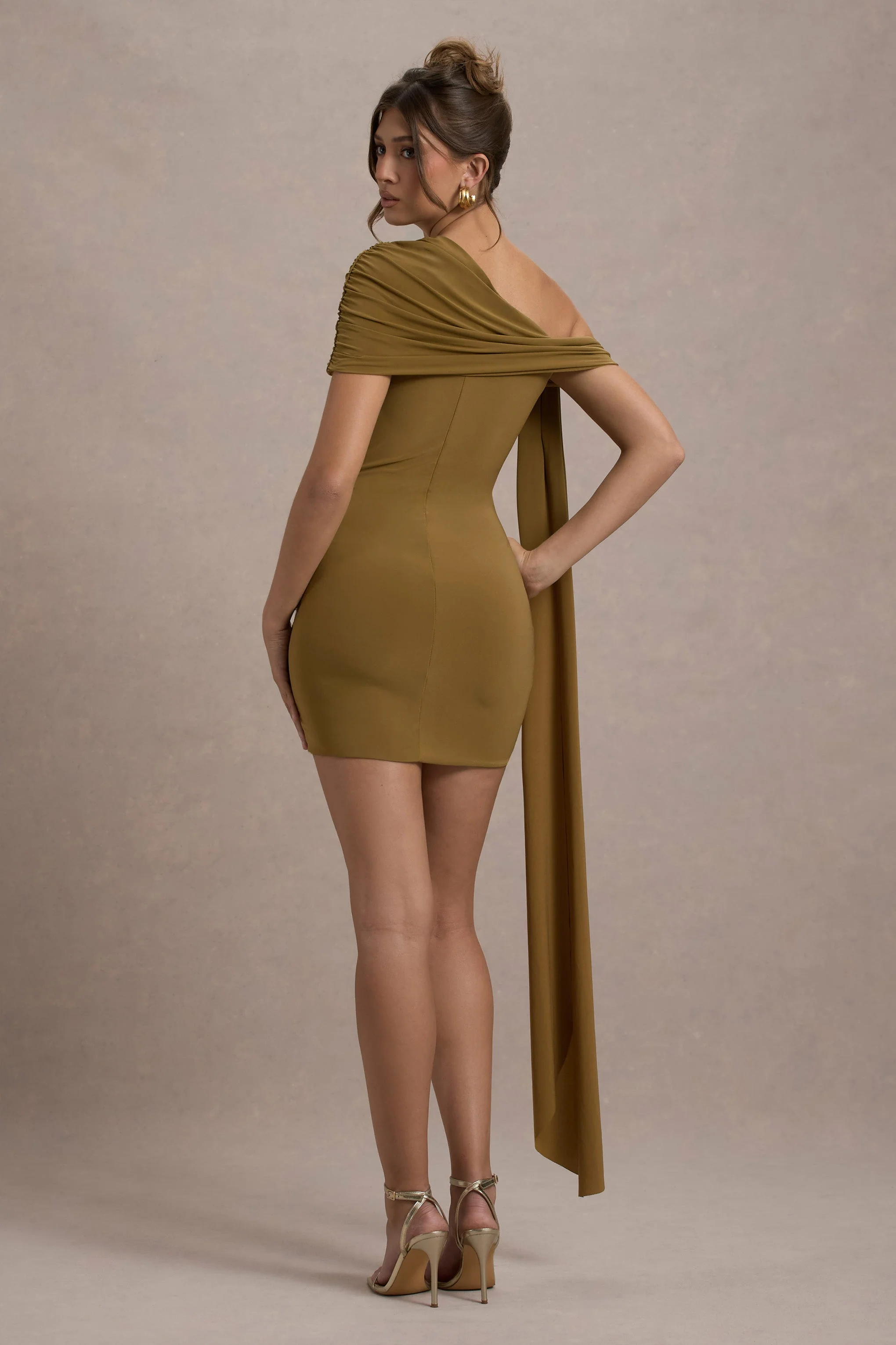 Mustard One-Shoulder Mini Dress With Drape