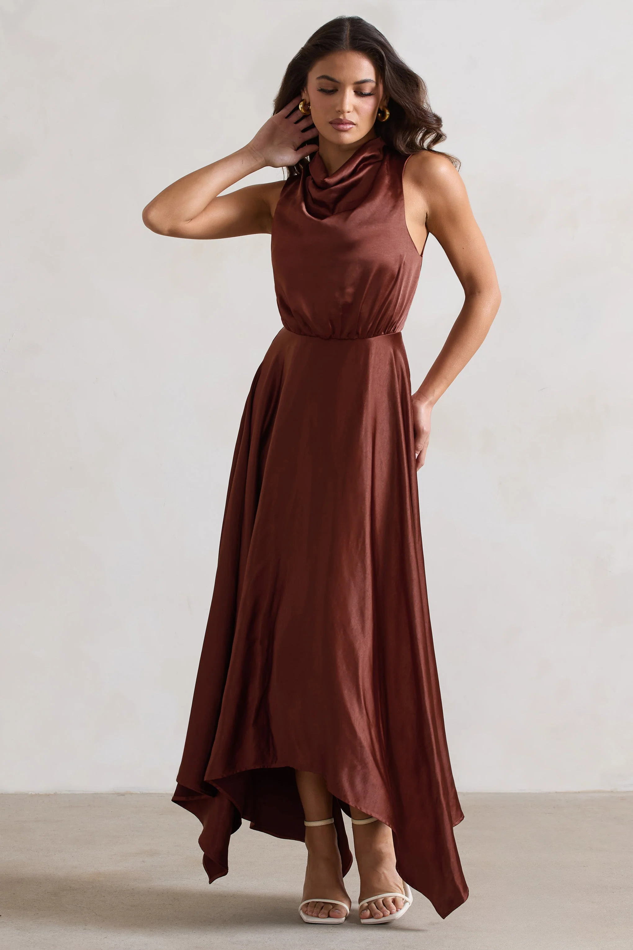 Chocolate Brown Satin Cowl-Neck Maxi Dress