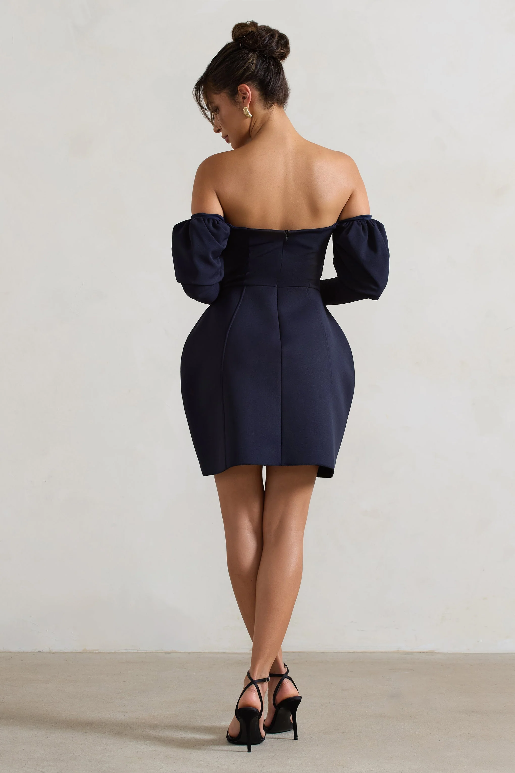 Navy Structured Bardot Puff-Sleeve Mini Dress