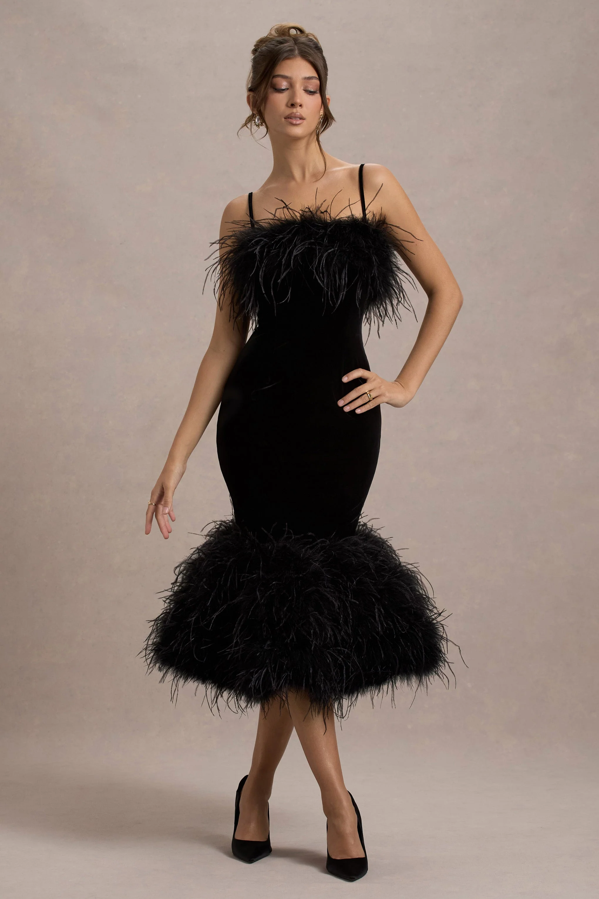 Black Velvet Feather Trim Midi Dress