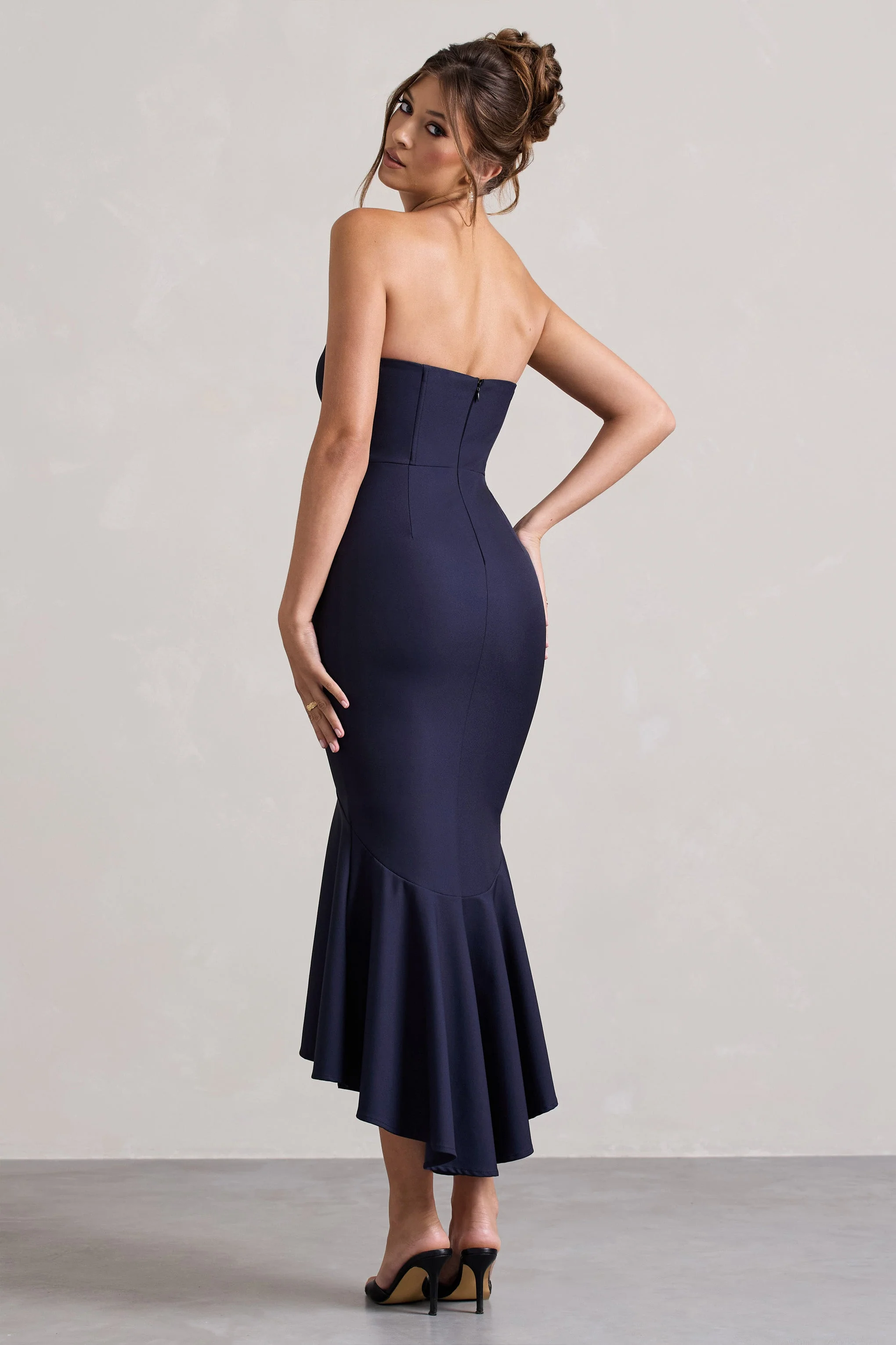 Navy Corset High-Low Midi Dress