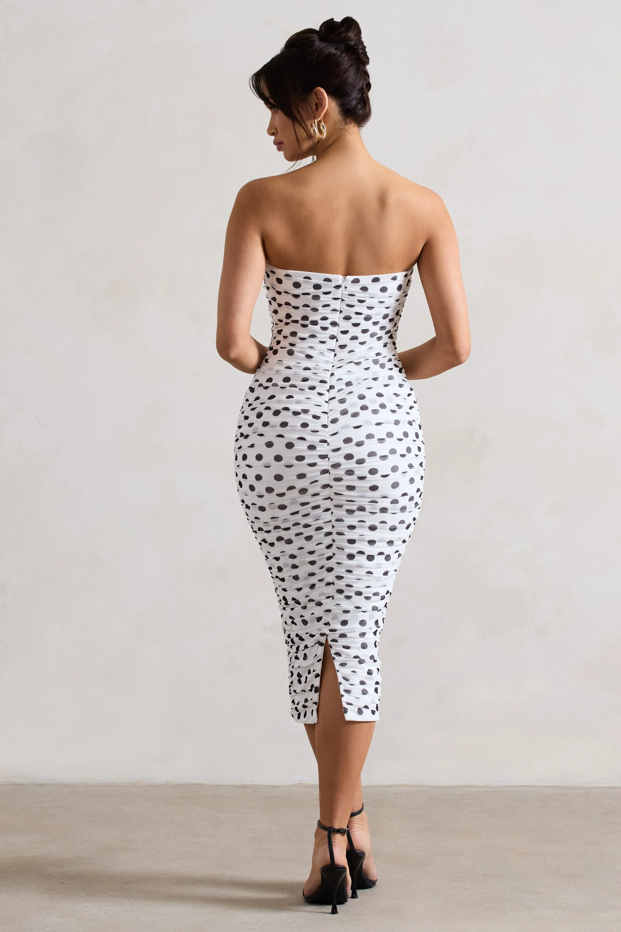 White Polka Dot Ruched Mesh Midi Dress With Corsage