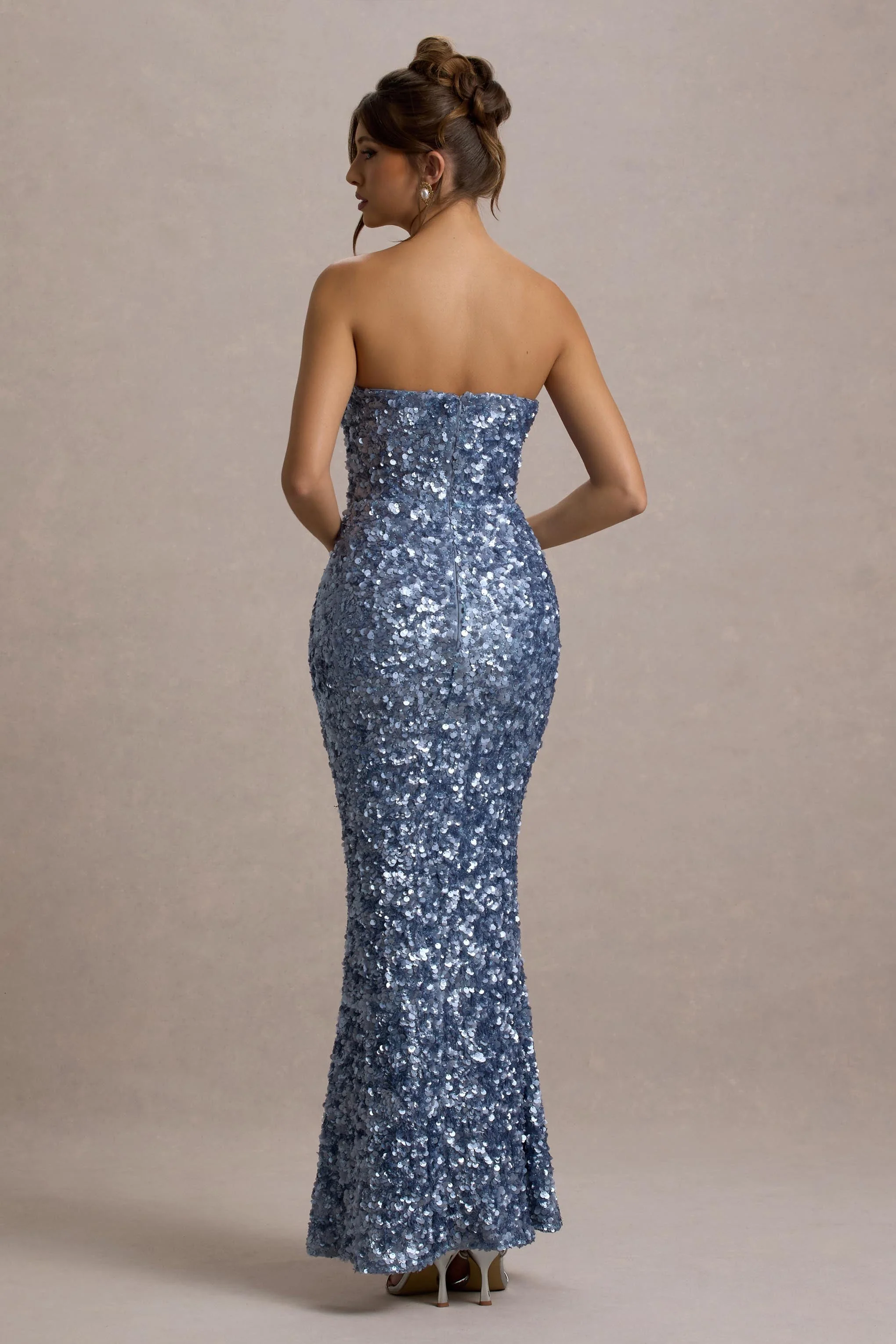 Powder Blue Sequin Strapless Maxi Dress