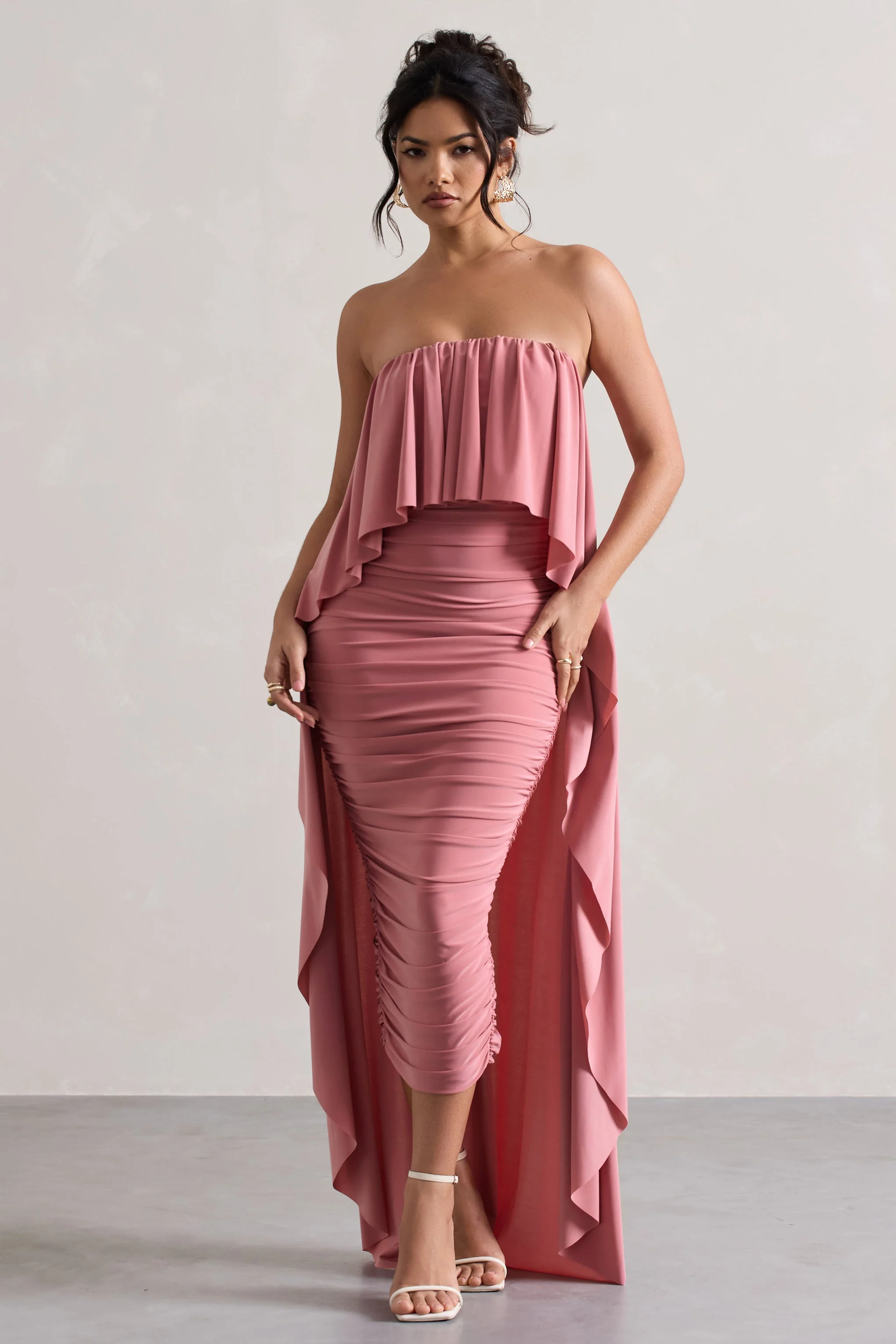 Blush Ruched Bandeau Midi Dress With Cape