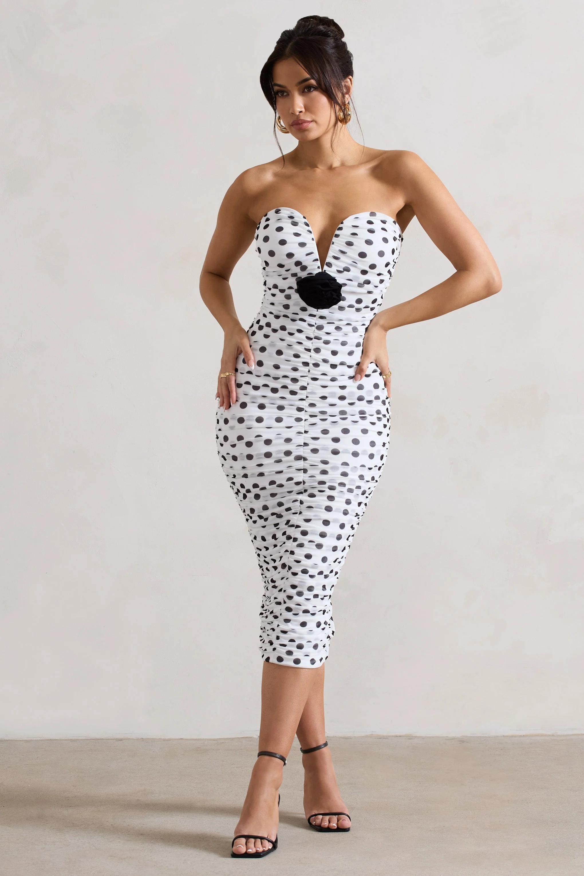 White Polka Dot Ruched Mesh Midi Dress With Corsage