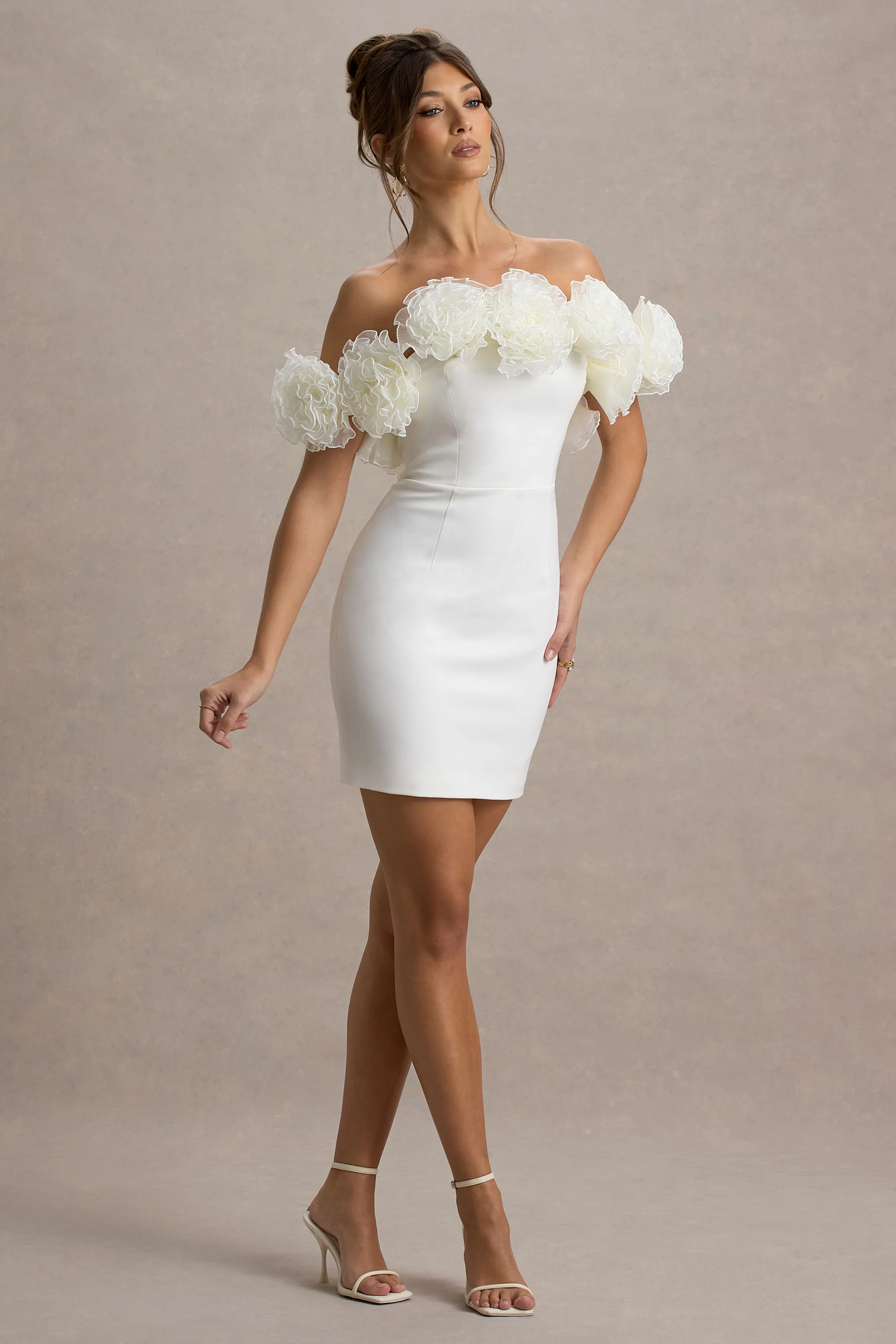 White Bardot Mini Dress With Ruffle Trim