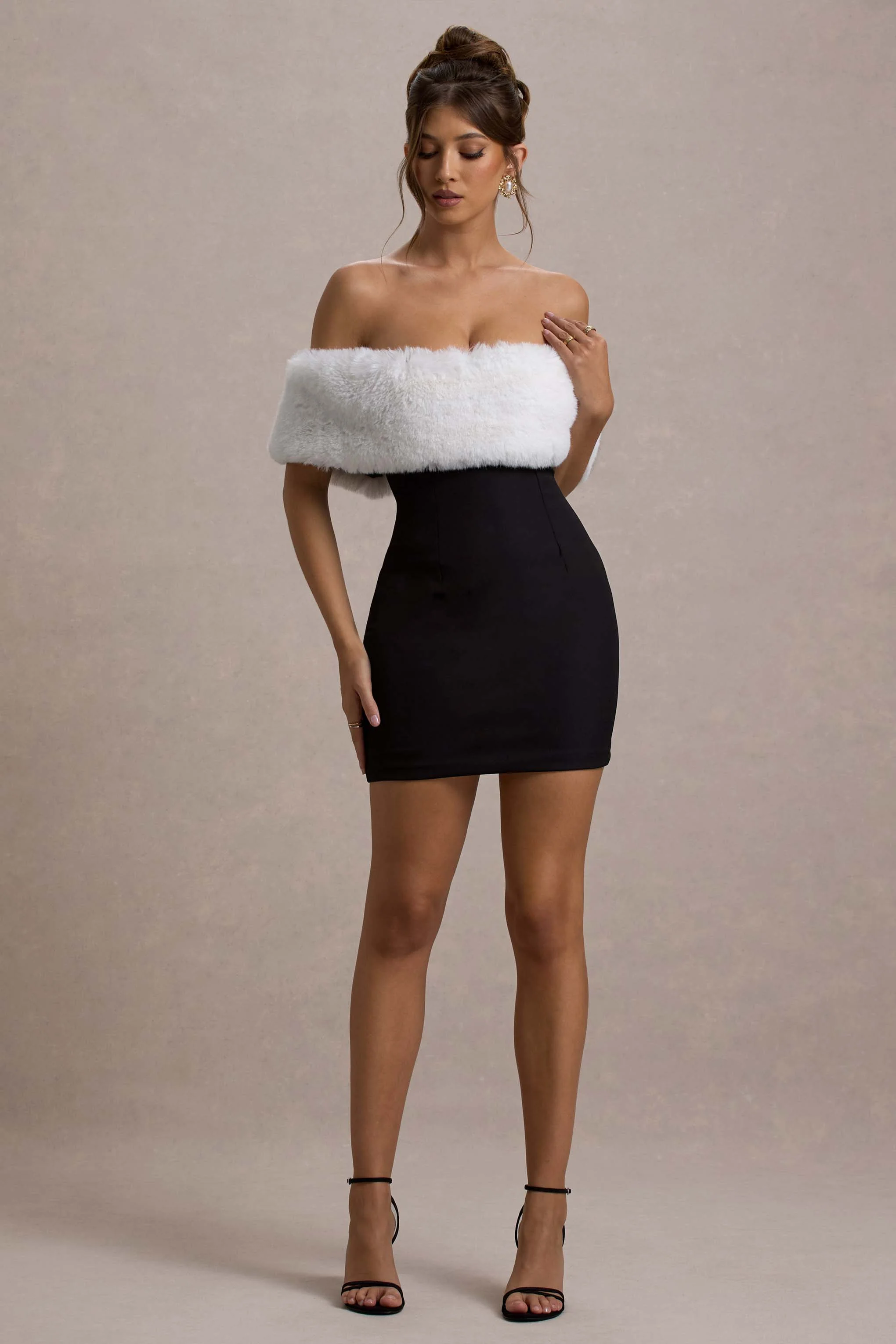 Black Bardot Mini Dress With White Fur Trim