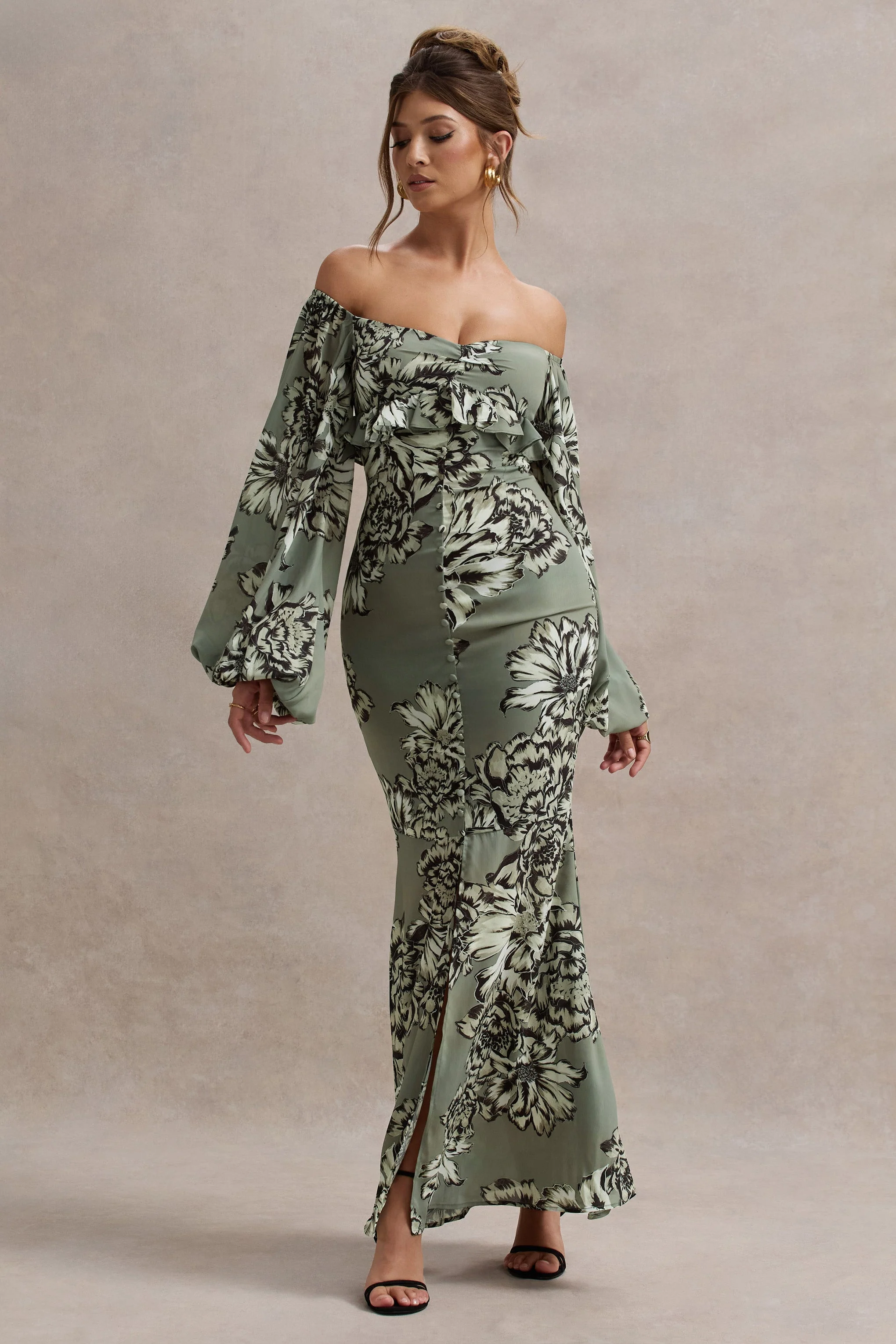 Olive Floral Print Chiffon Puff-Sleeve Button Maxi Dress