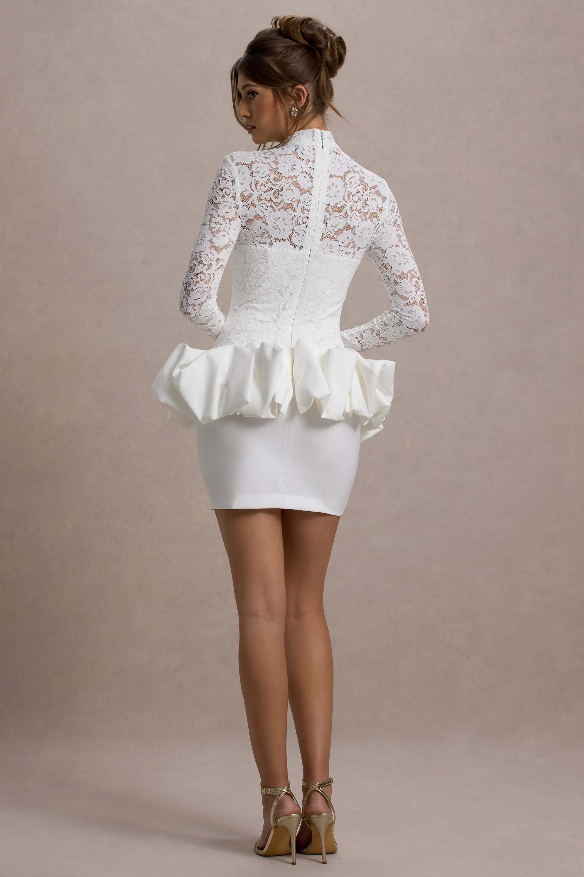White Lace Long-Sleeve Peplum Mini Dress