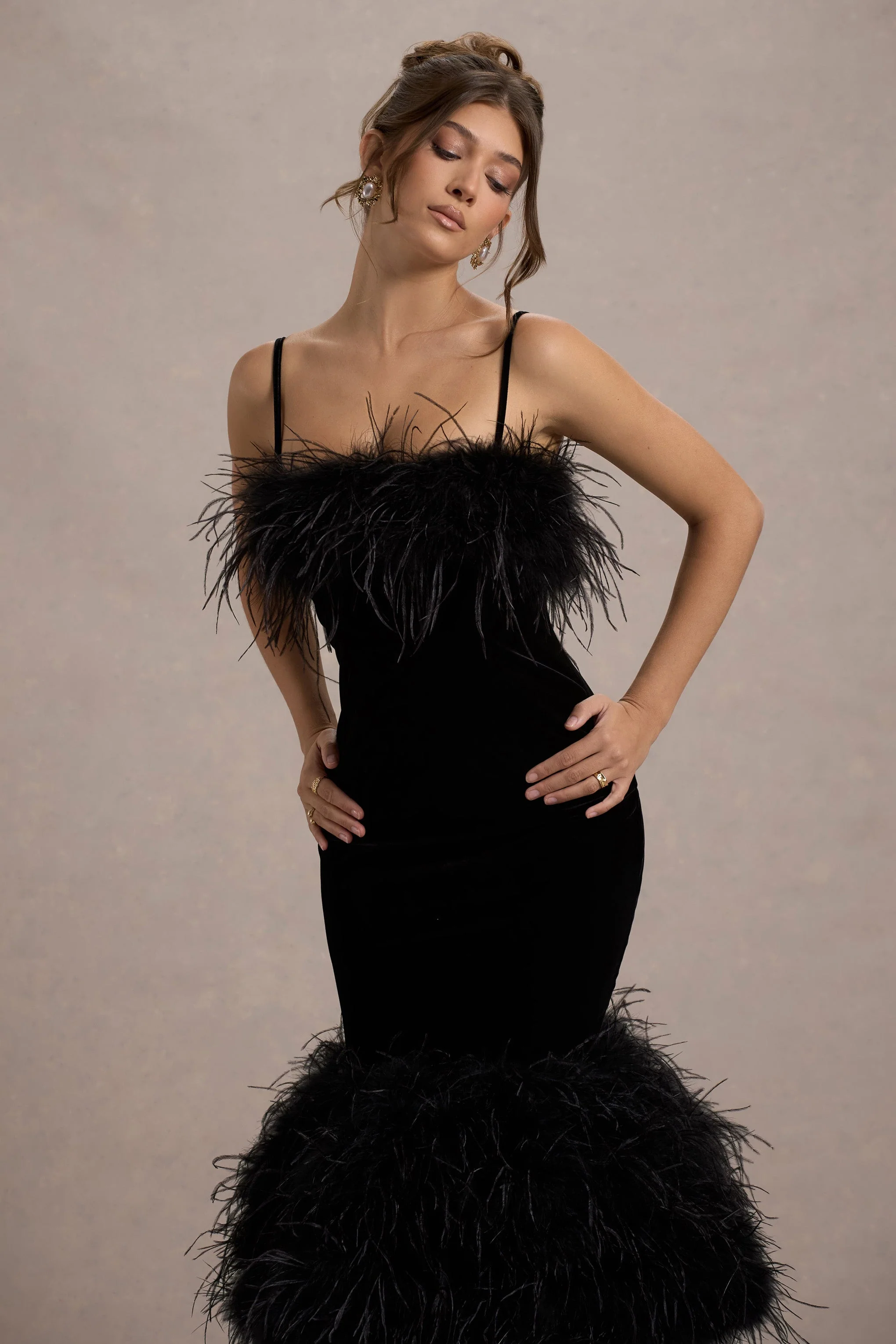 Black Velvet Feather Trim Midi Dress