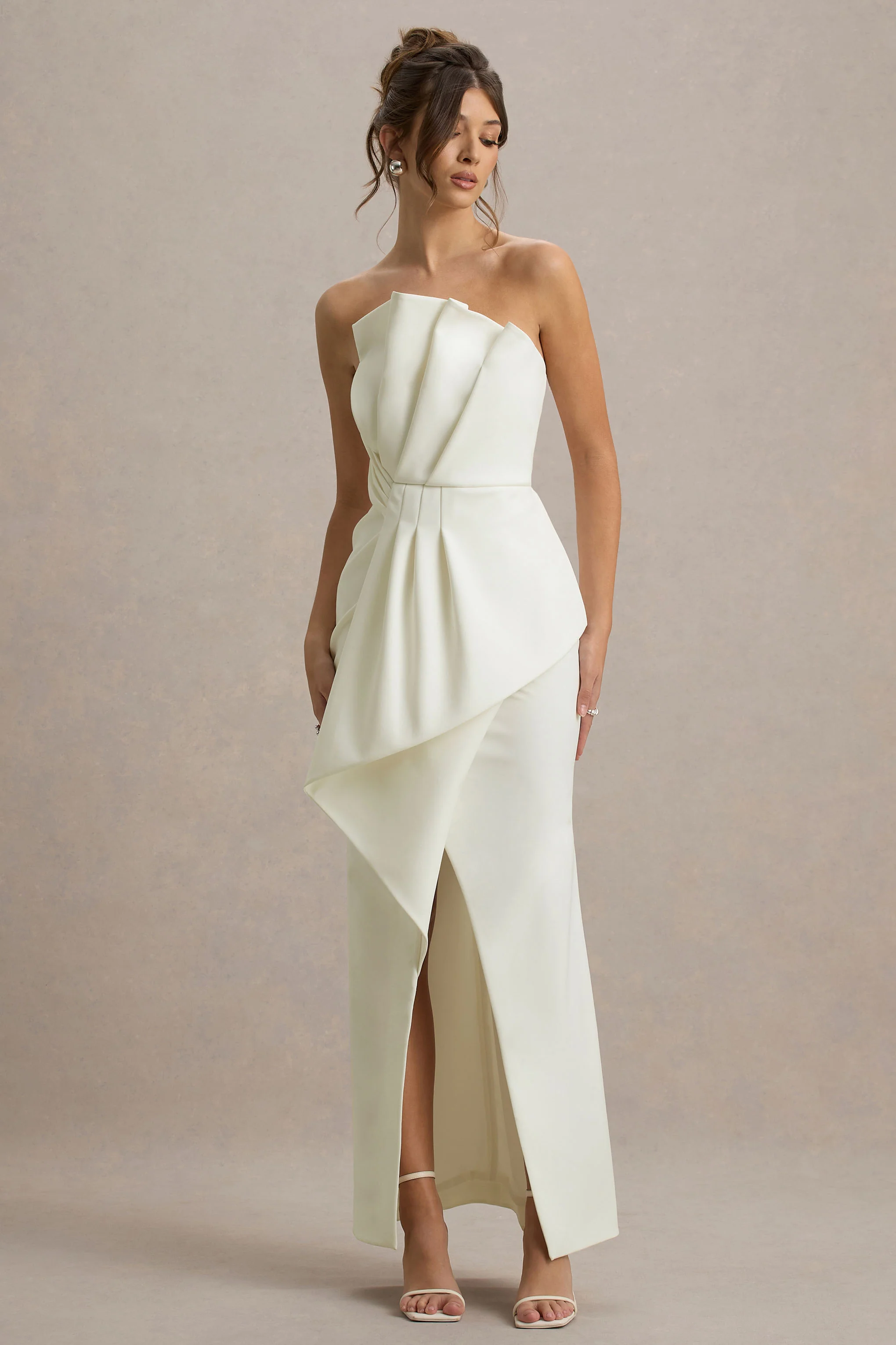 Cream Strapless Ruffle Split Maxi Dress