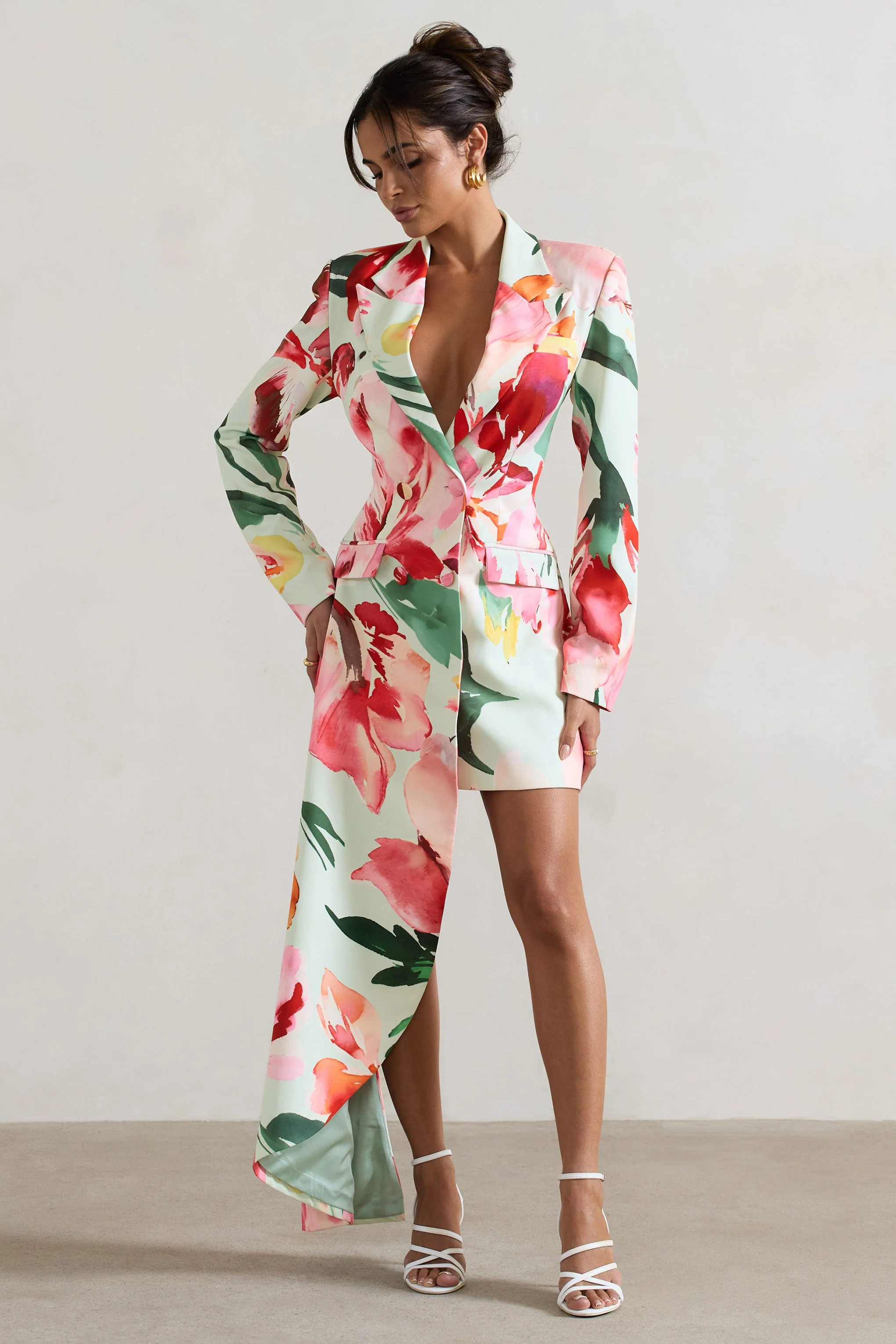 Mint Floral Tailored Blazer Mini Dress With Asymmetric Hem