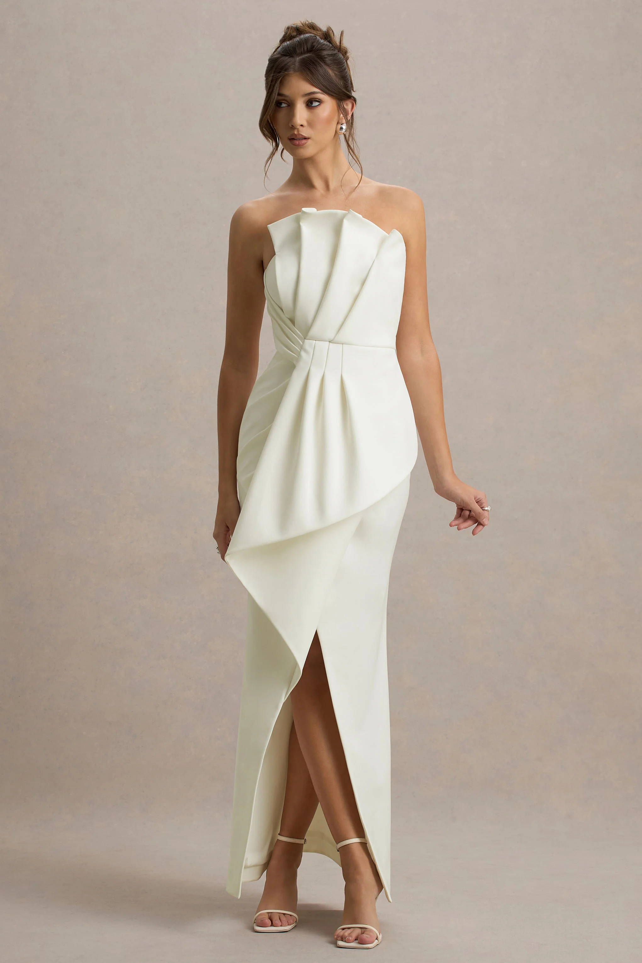 Cream Strapless Ruffle Split Maxi Dress