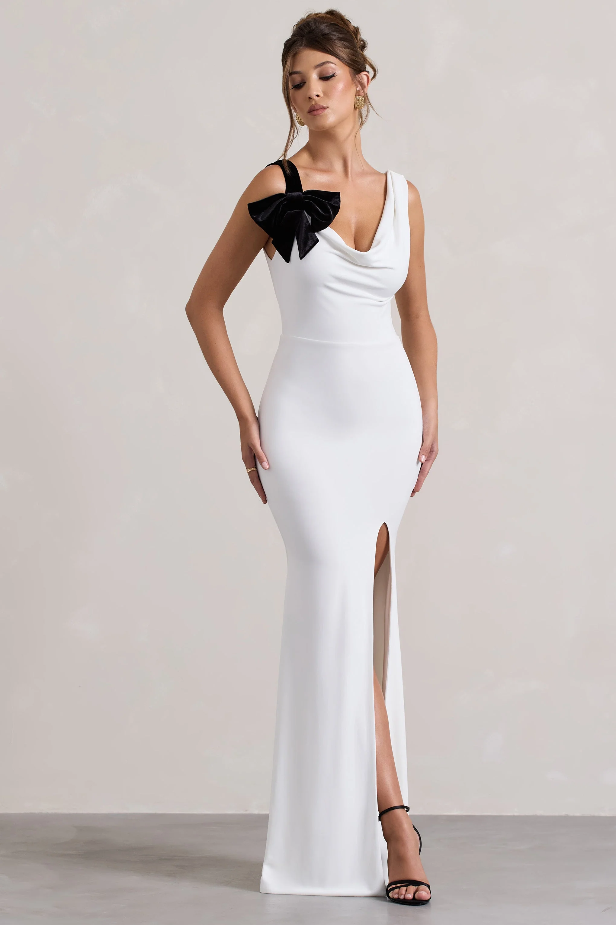 White Cowl-Neck  Split Maxi Dress With Bow