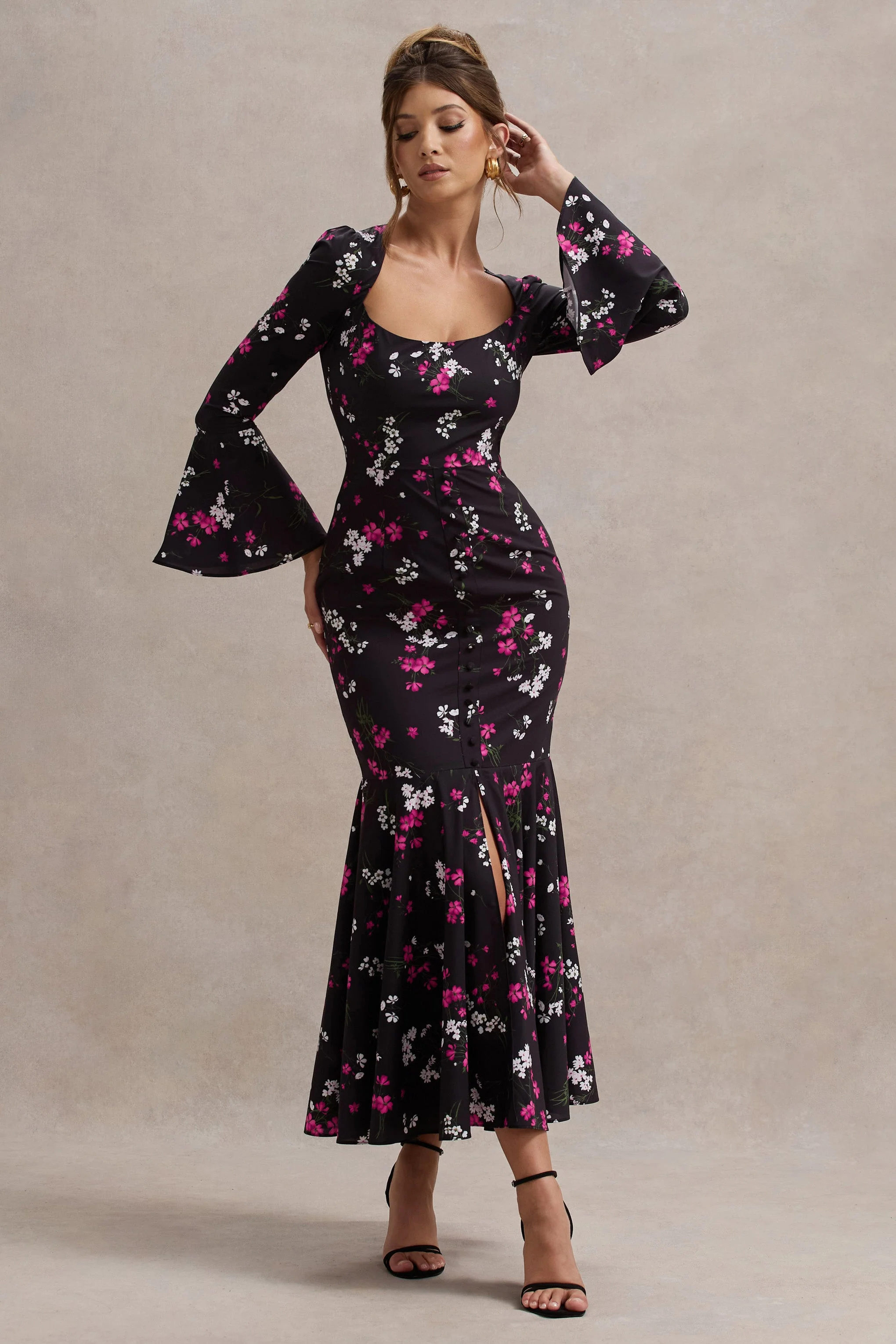 Black Ditsy Floral Print Chiffon Long-Sleeve Split Maxi Dress