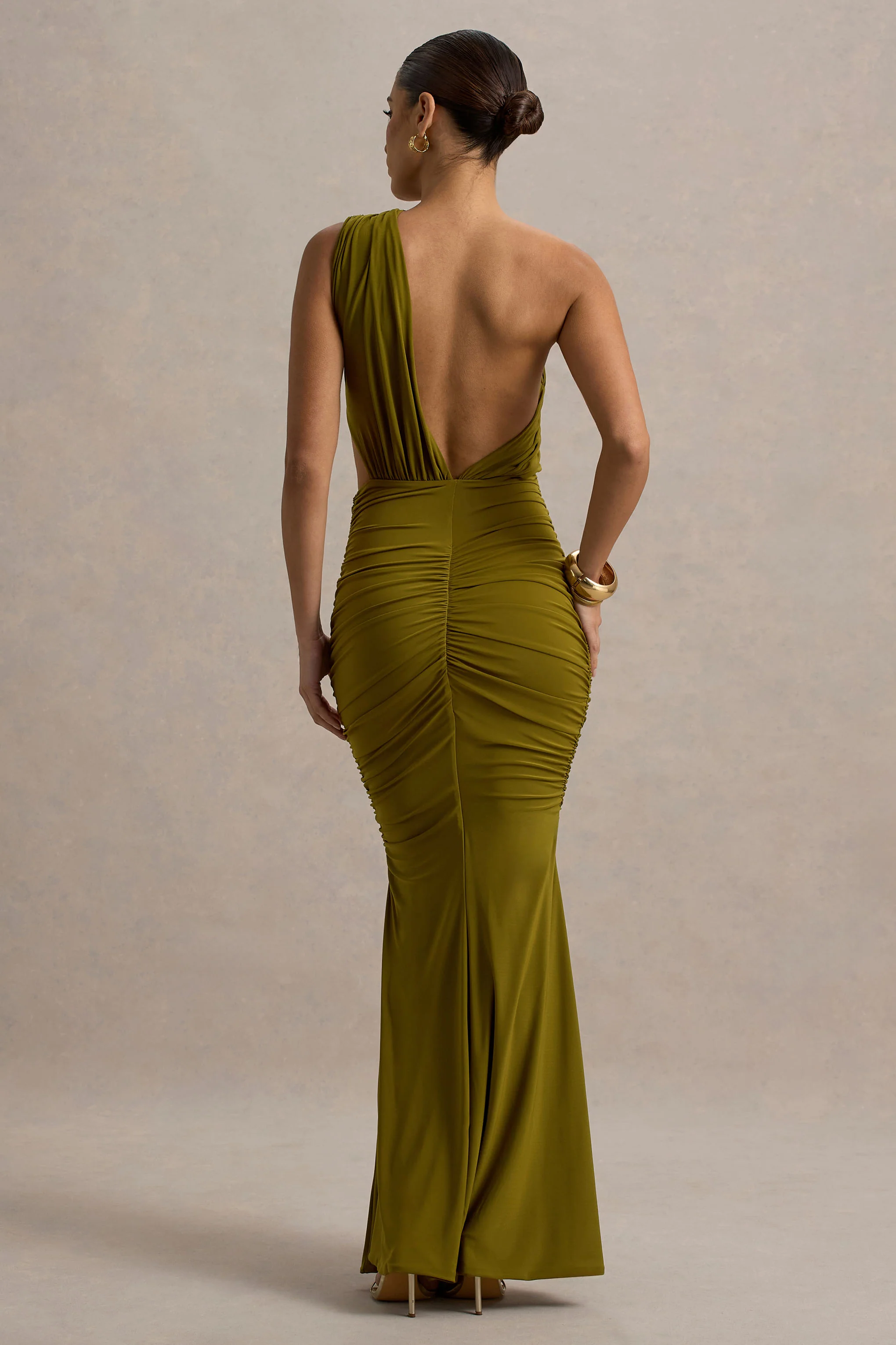 Green One-Shoulder Cut-Out Maxi Dress With Drape