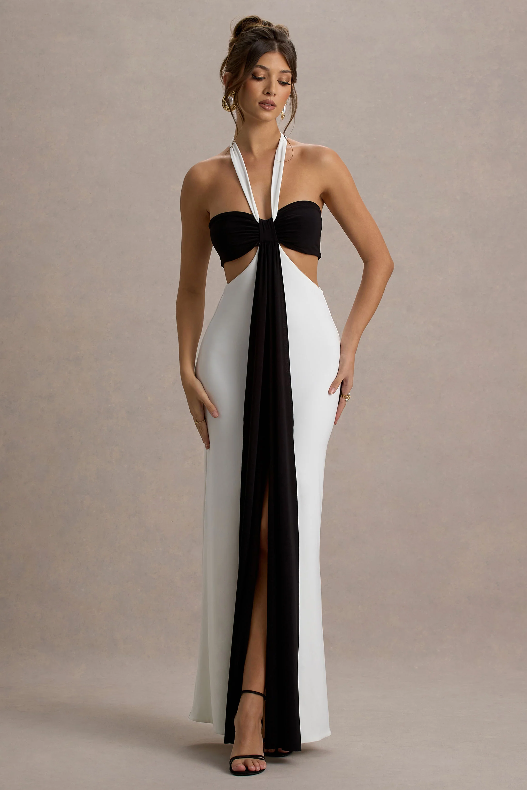 Black & White Halter-Neck Cut-Out Maxi Dress