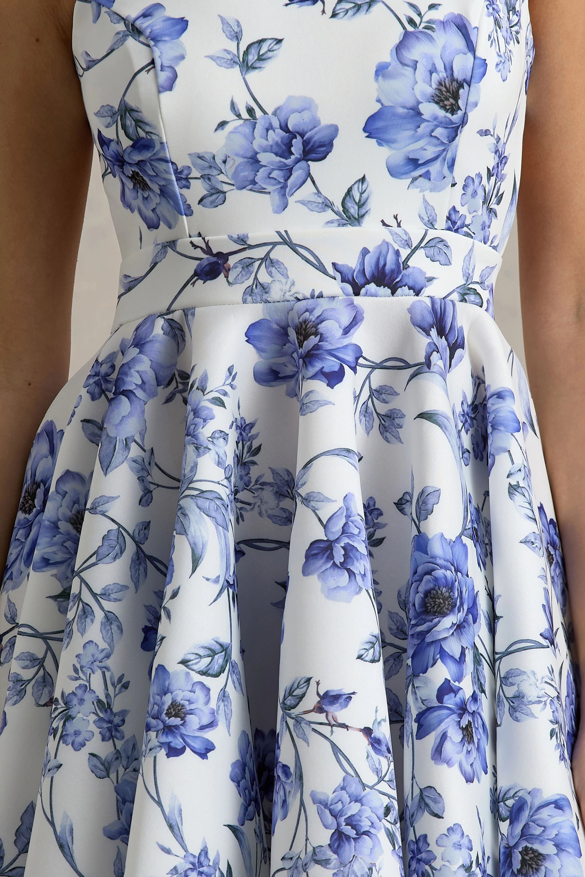 Blue Floral Racer-Neck Sleeveless Skater Mini Dress