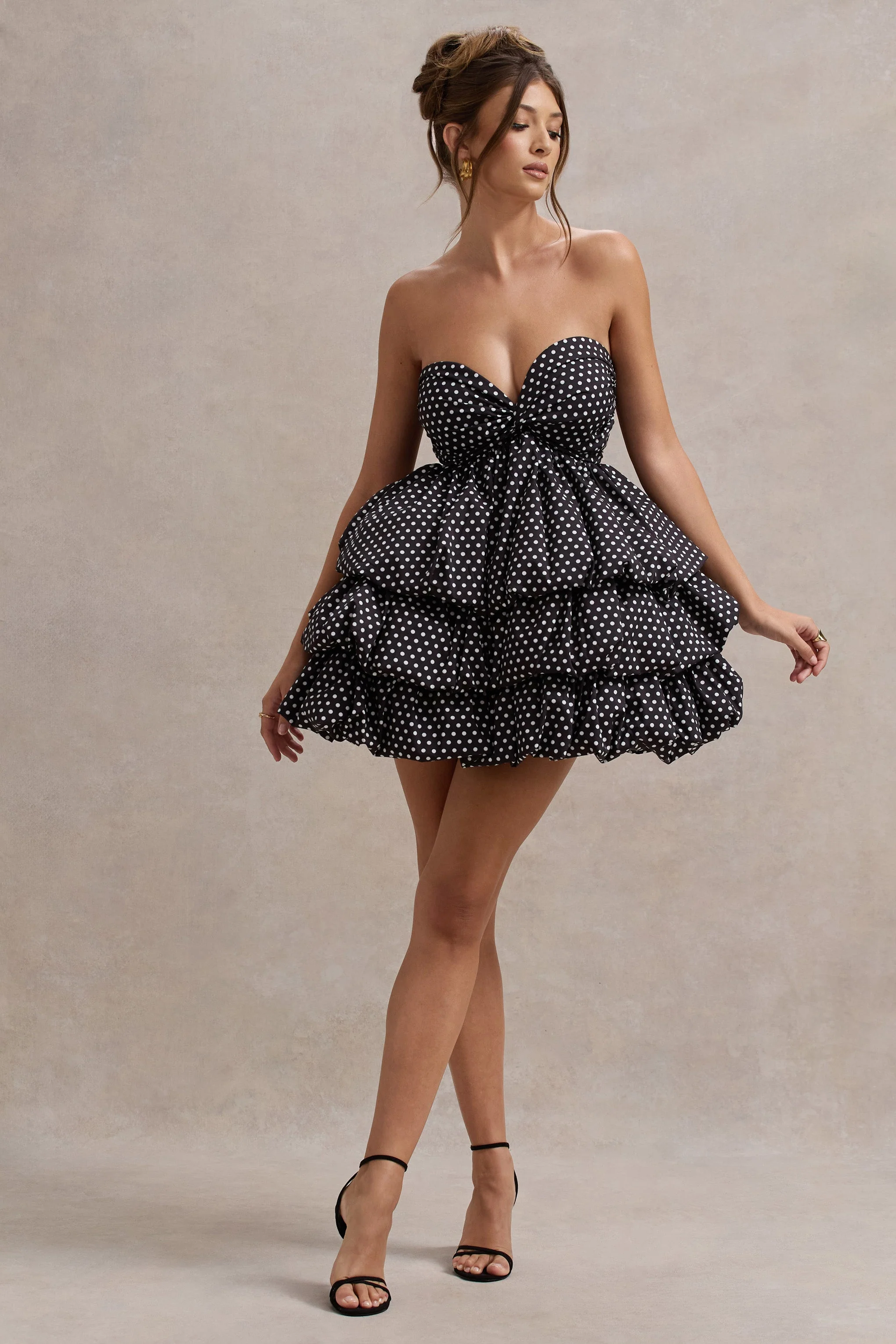 Black Polka Dot Strapless Ruffled Mini Dress