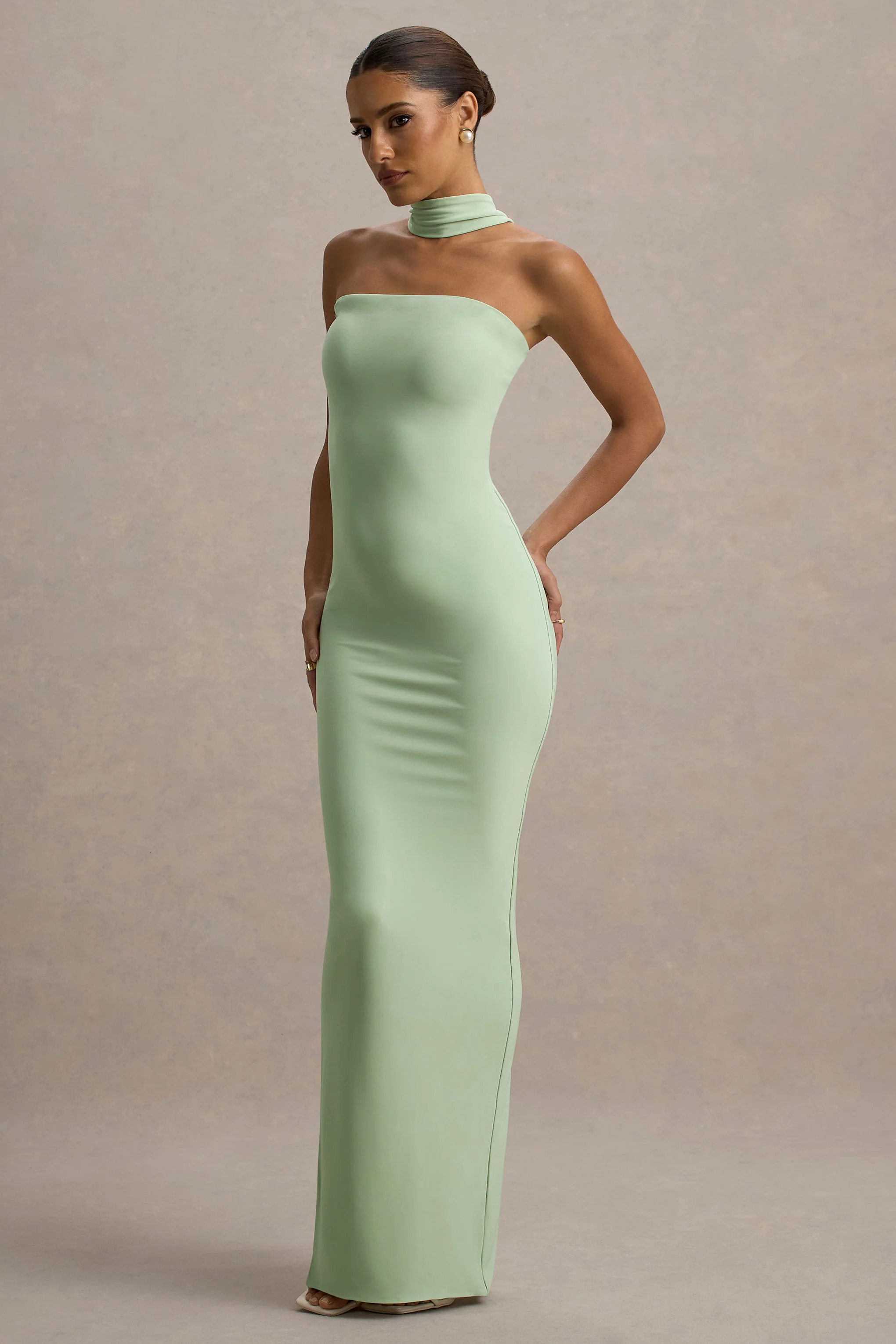 Light Green Bandeau Maxi Dress With Halter-Collar