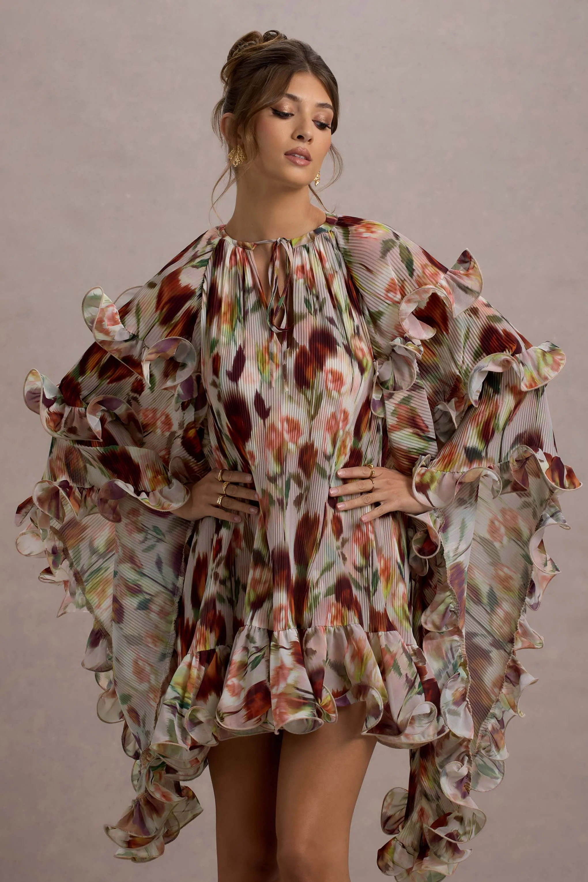 Cream Floral Print High-Neck Cape-Sleeve Chiffon Mini Dress